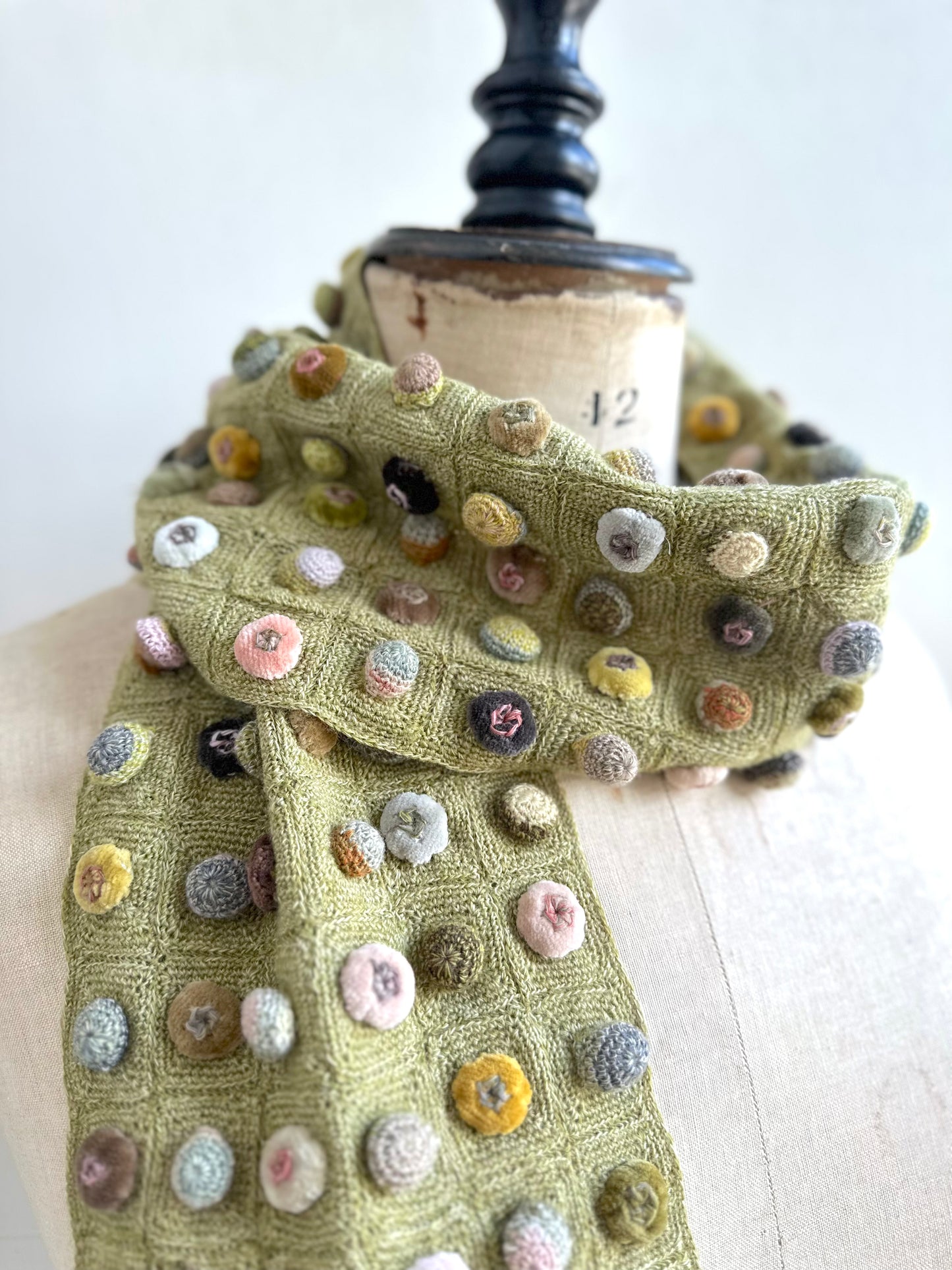 Sophie Digard Green Crochet Wool Scarf With Geometric Velvet Bobble Applique