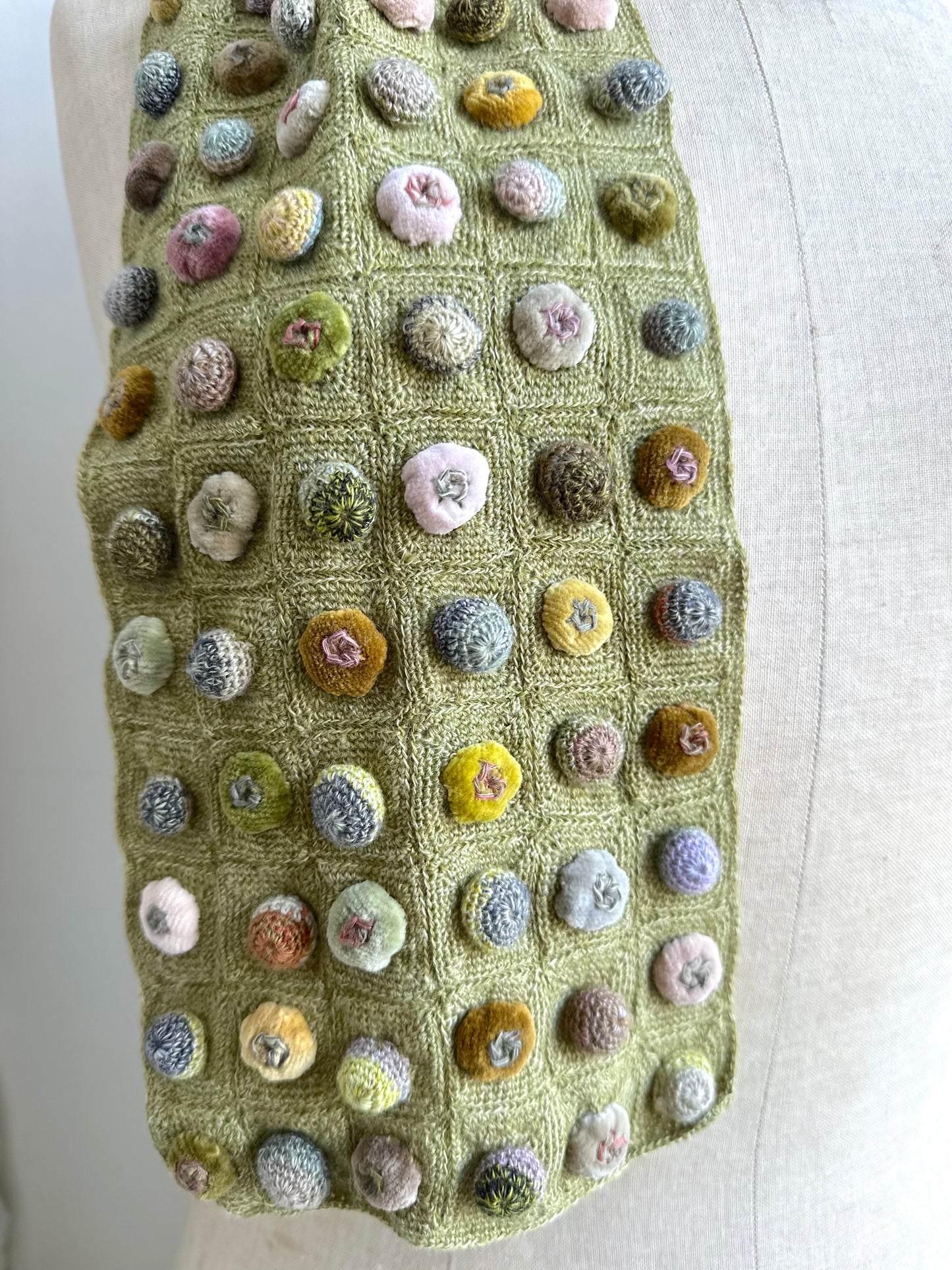 Sophie Digard Green Crochet Wool Scarf With Geometric Velvet Bobble Applique