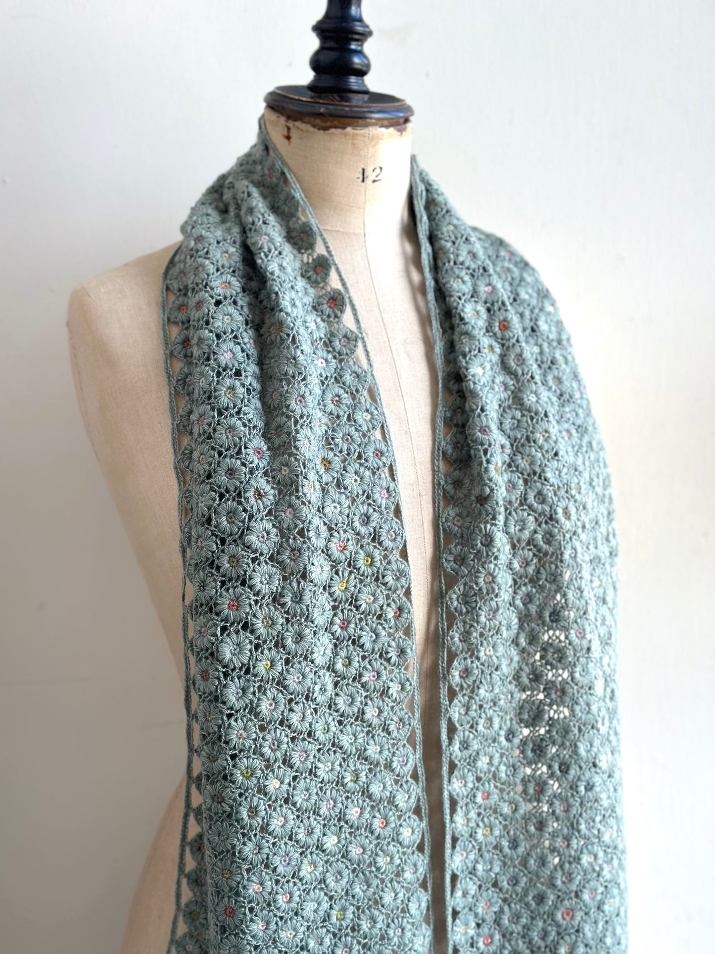 Sophie Digard Crochet Wool Scarf Blue Daisy Chains