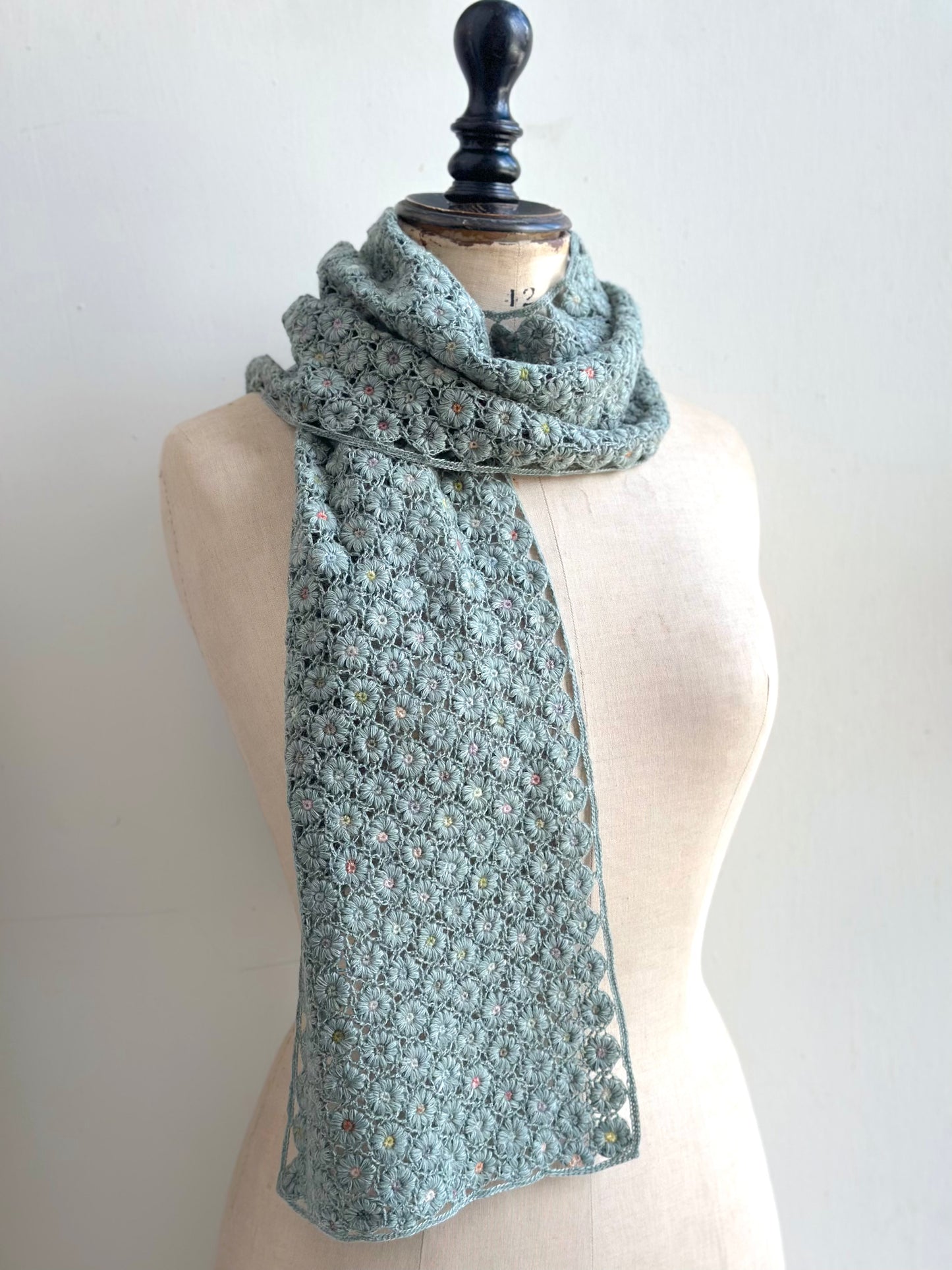Sophie Digard Crochet Wool Scarf Blue Daisy Chains