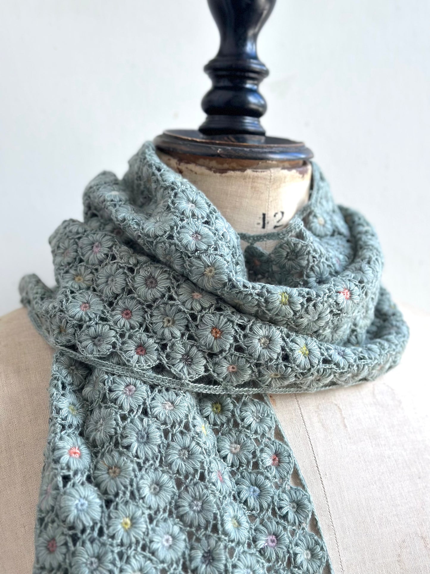 Sophie Digard Crochet Wool Scarf Blue Daisy Chains