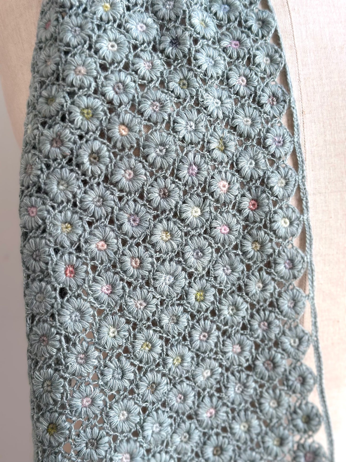 Sophie Digard Crochet Wool Scarf Blue Daisy Chains