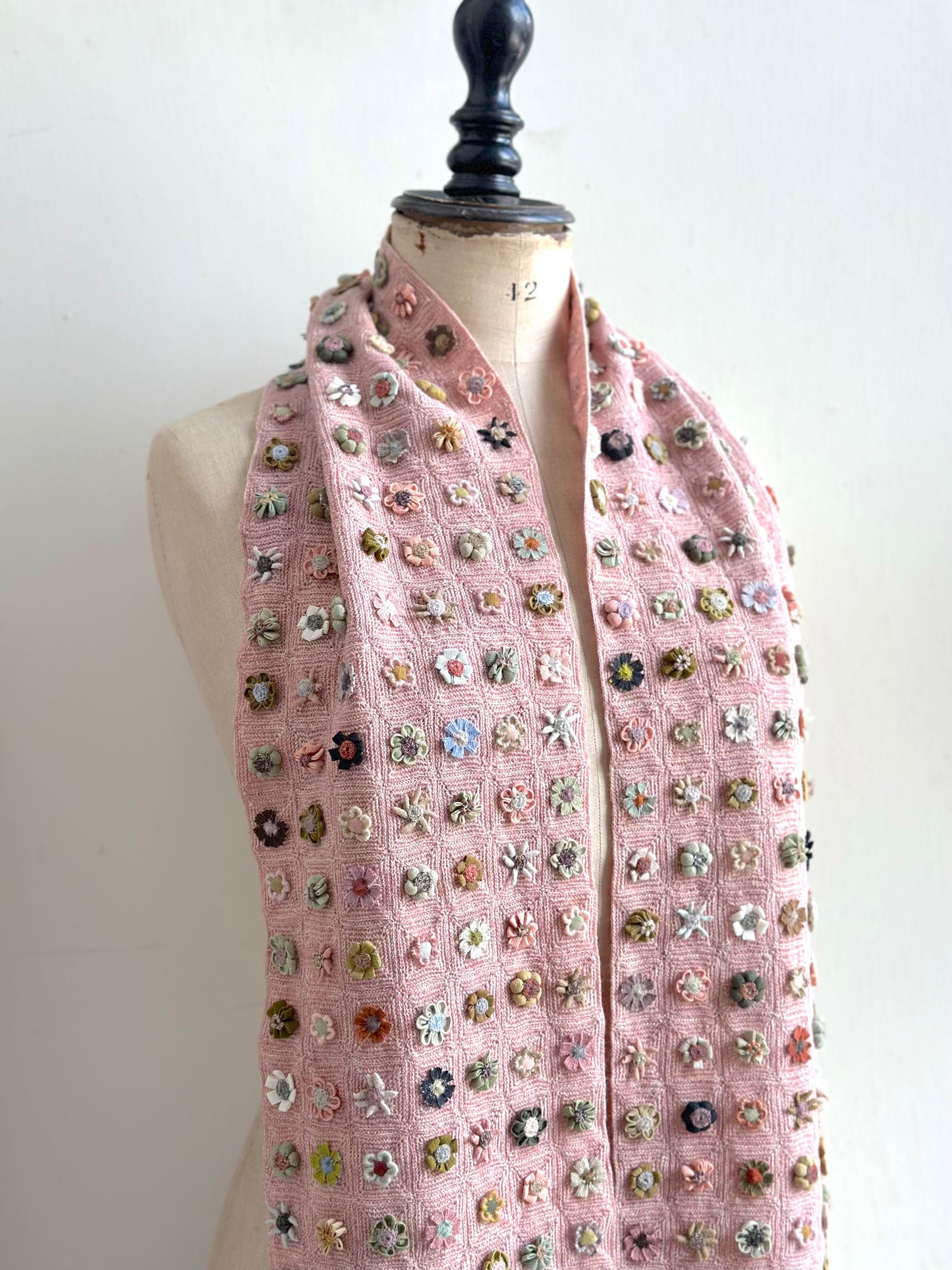 Sophie Digard Pink Crochet Wool Scarf With Geometric Floral Applique