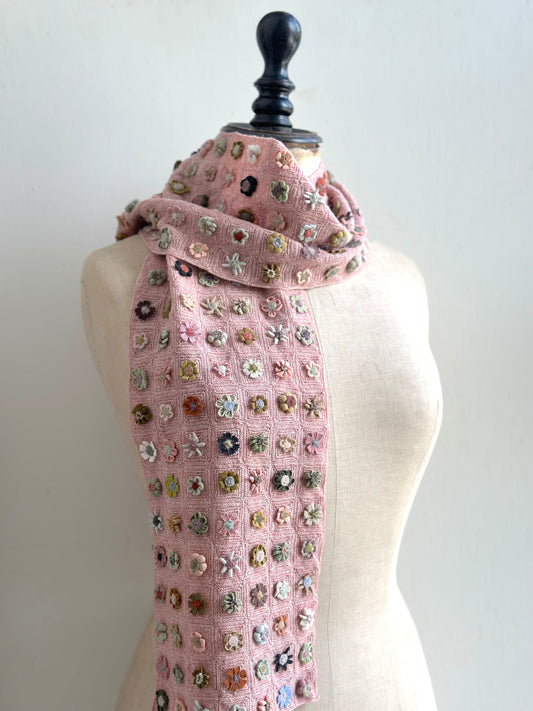 Sophie Digard Pink Crochet Wool Scarf With Geometric Floral Applique
