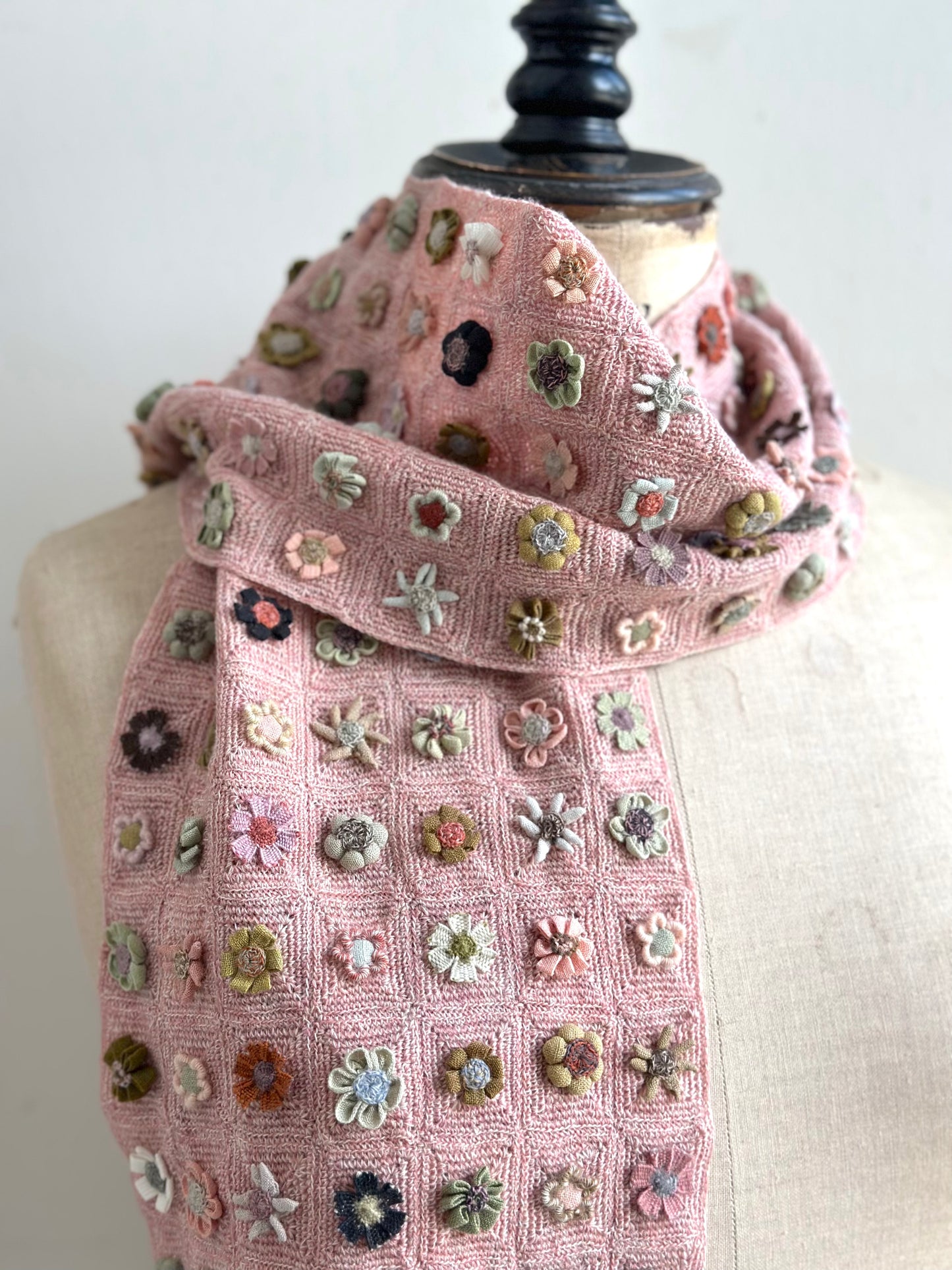 Sophie Digard Pink Crochet Wool Scarf With Geometric Floral Applique