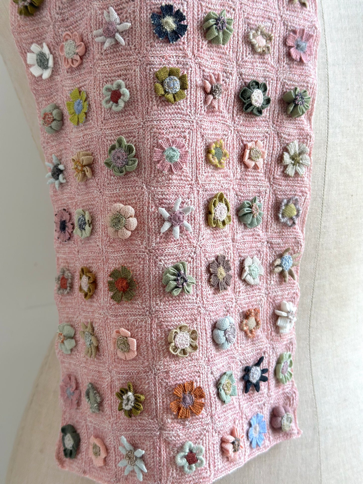 Sophie Digard Pink Crochet Wool Scarf With Geometric Floral Applique