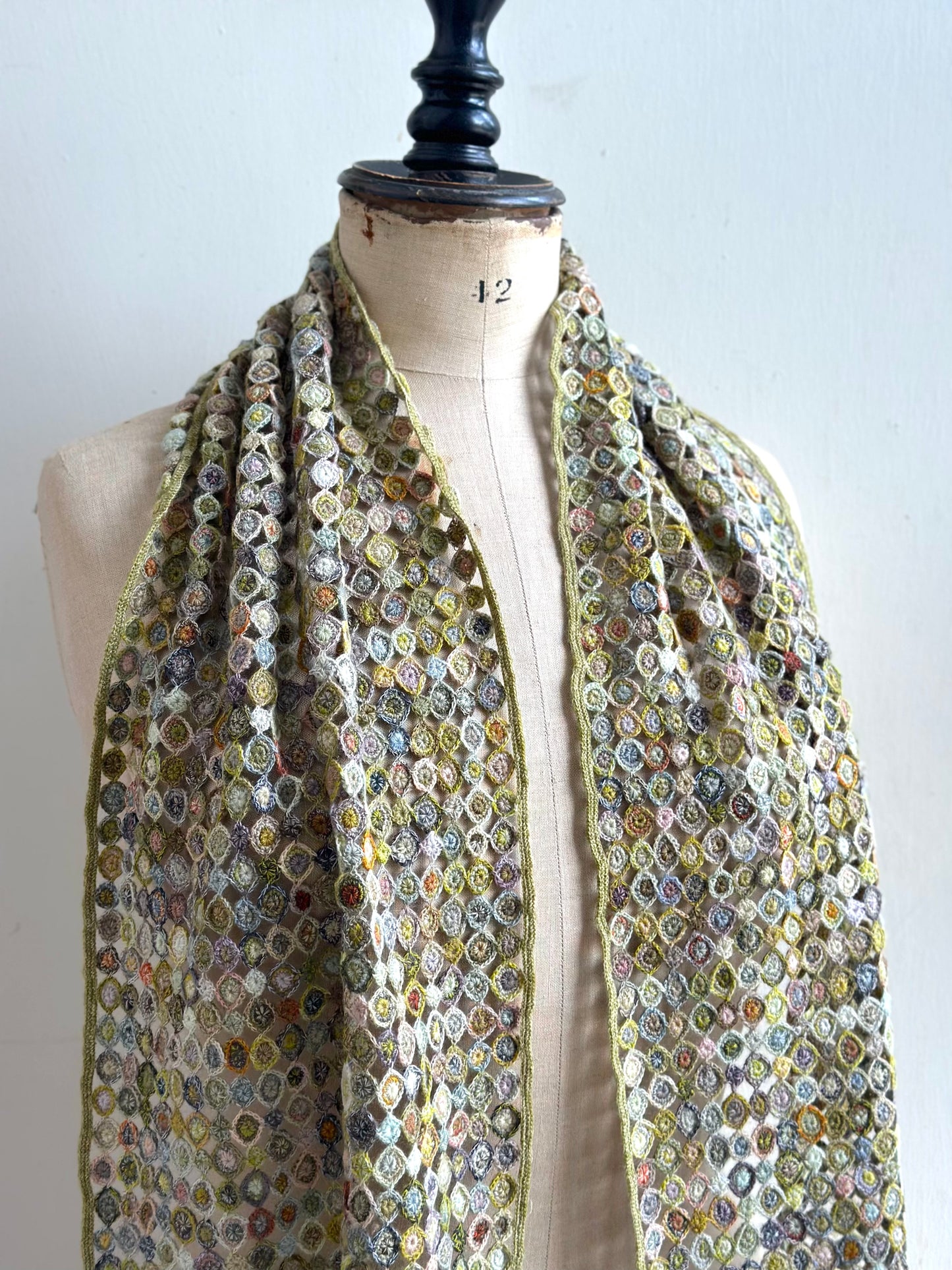 Sophie Digard Multi Green Circles Crochet Wool Scarf