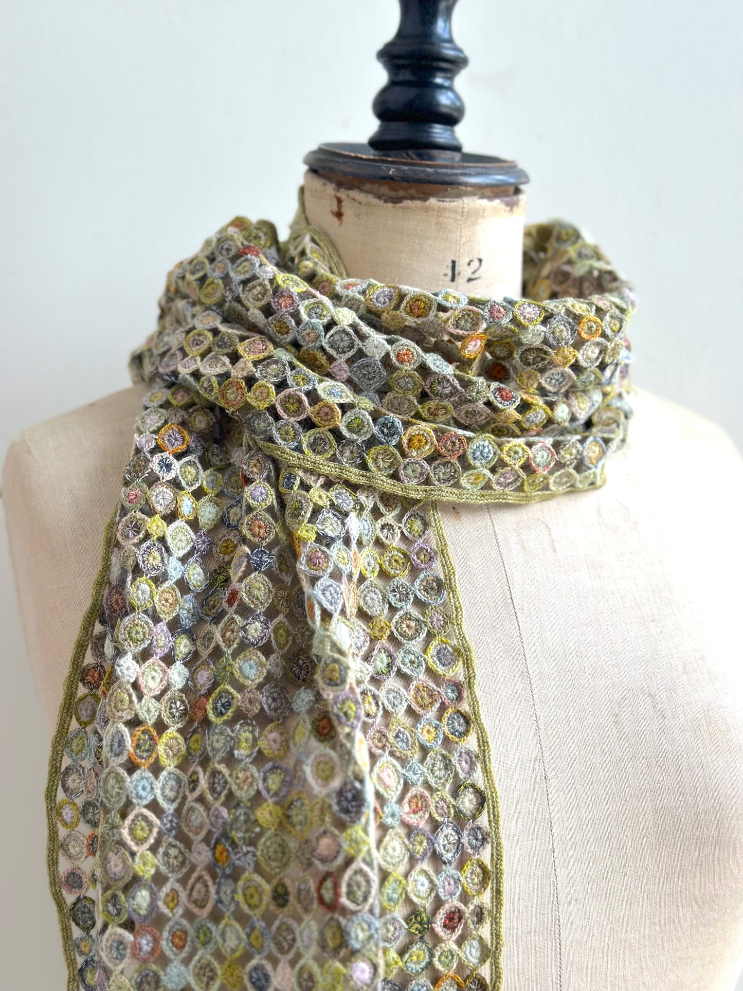 Sophie Digard Multi Green Circles Crochet Wool Scarf
