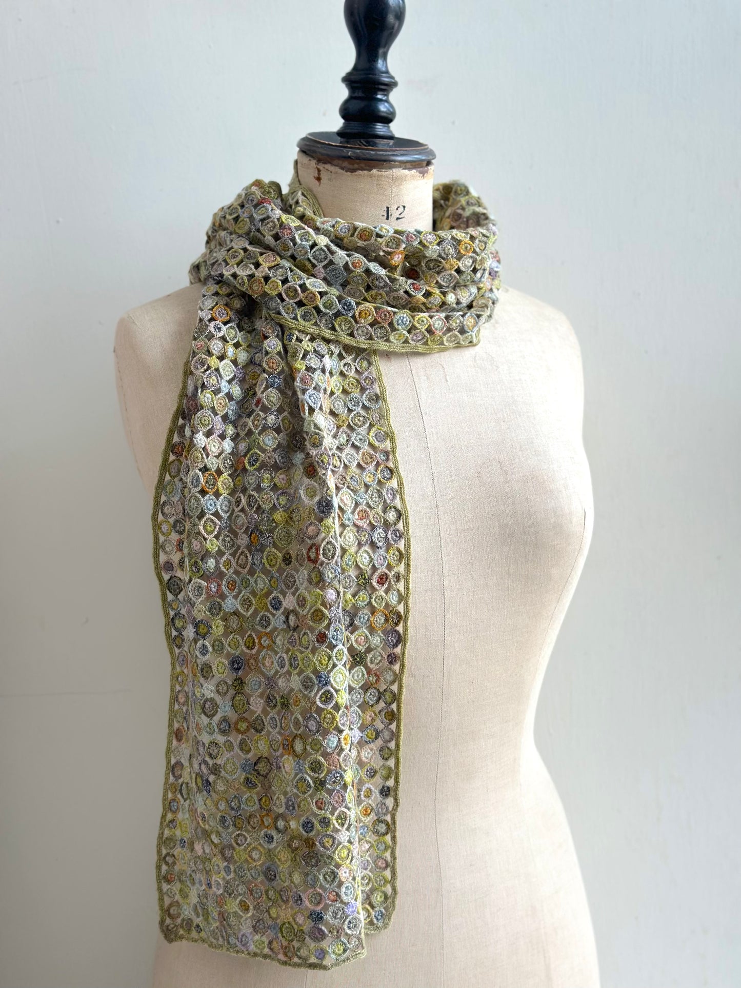 Sophie Digard Multi Green Circles Crochet Wool Scarf