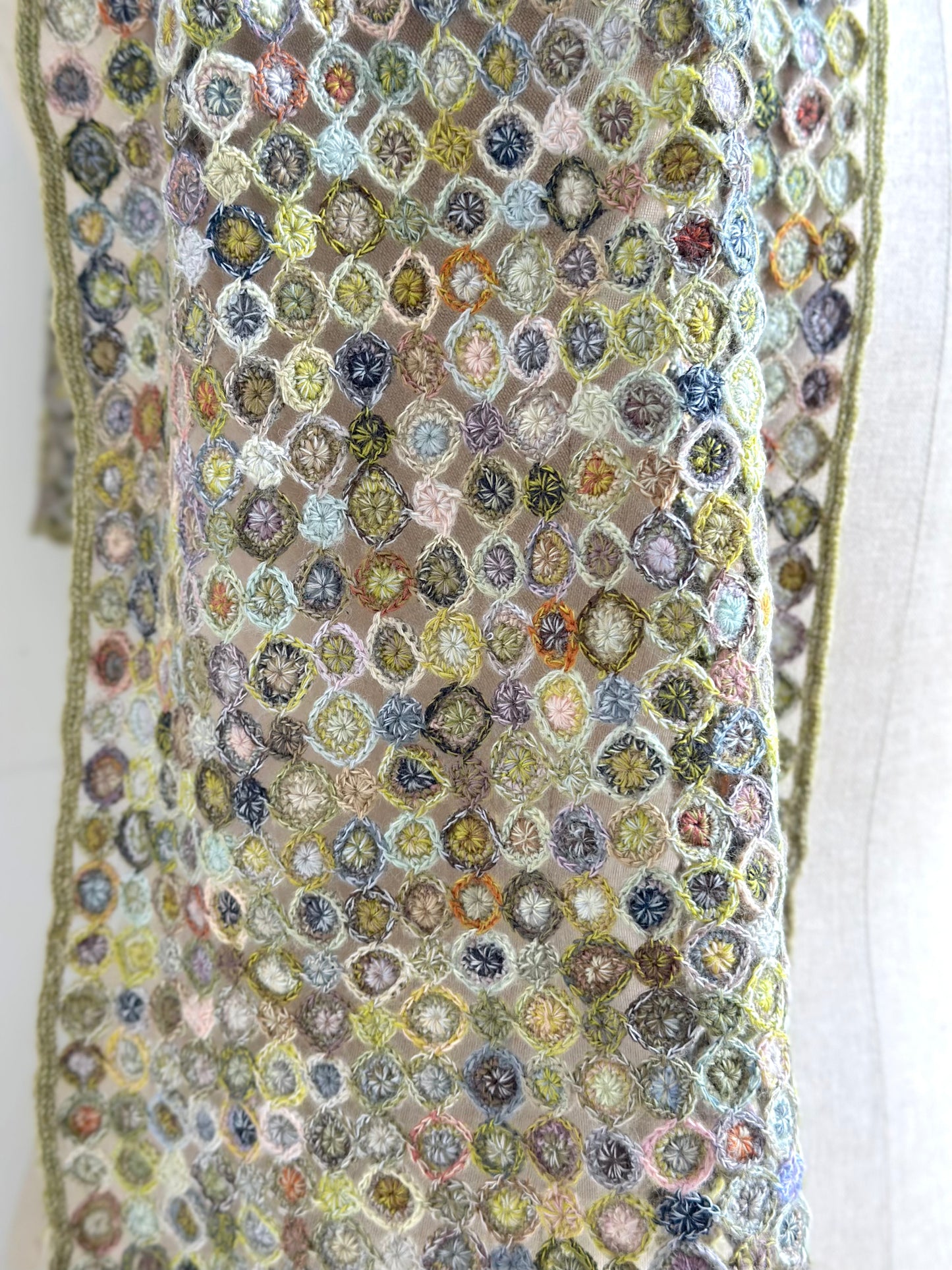 Sophie Digard Multi Green Circles Crochet Wool Scarf