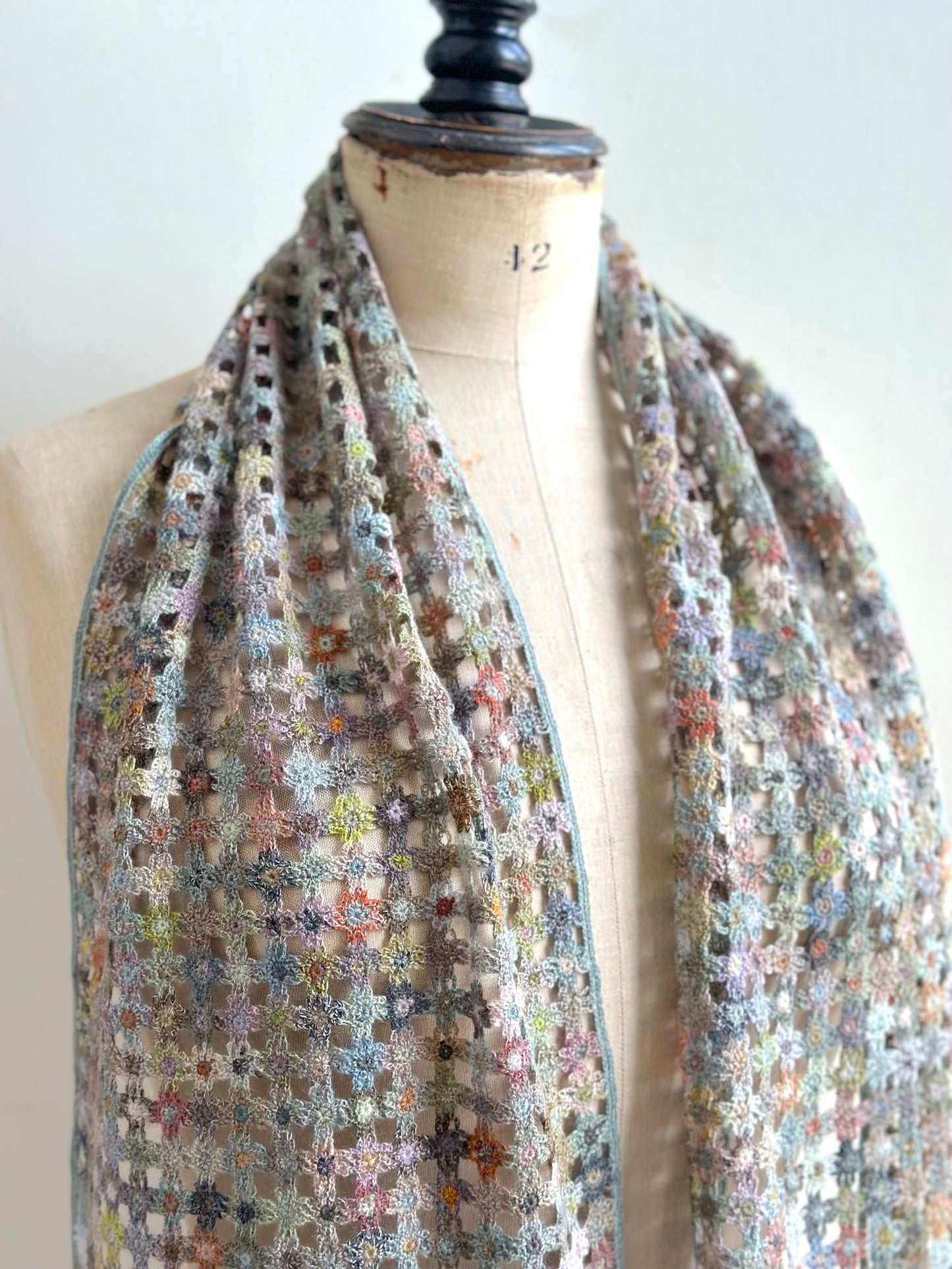 Sophie Digard Spring Blooms Blue Crochet Wool Scarf