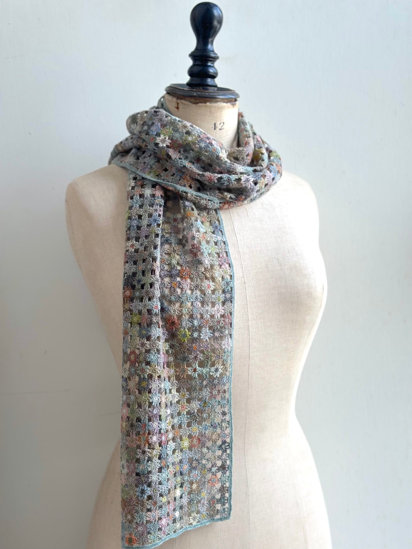 Sophie Digard Spring Blooms Blue Crochet Wool Scarf