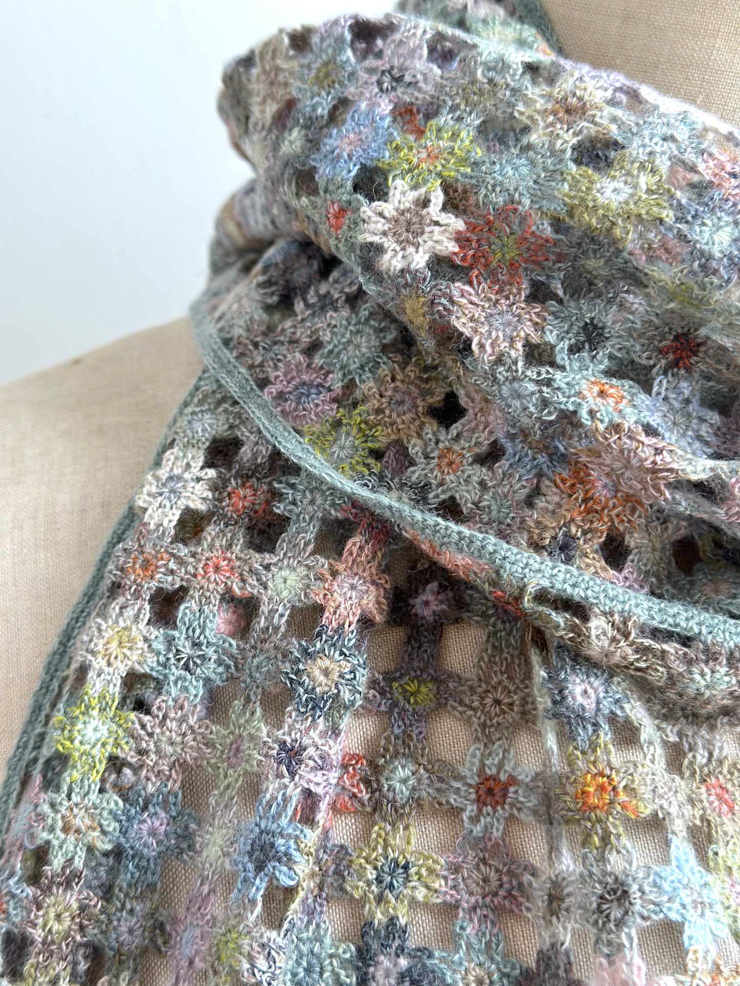 Sophie Digard Spring Blooms Blue Crochet Wool Scarf