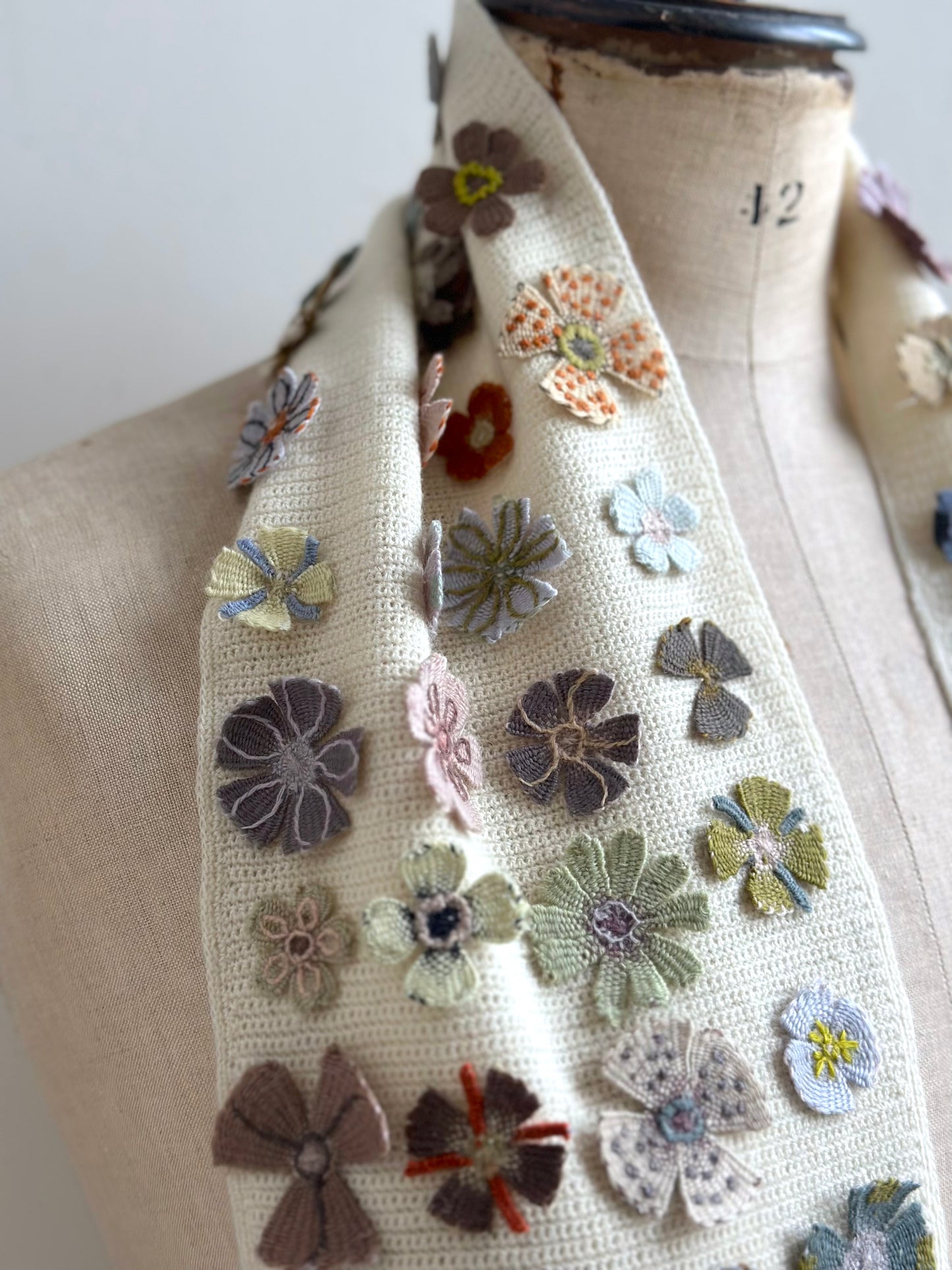 Sophie Digard Cream Summer Fleurs Crochet Wool Scarf