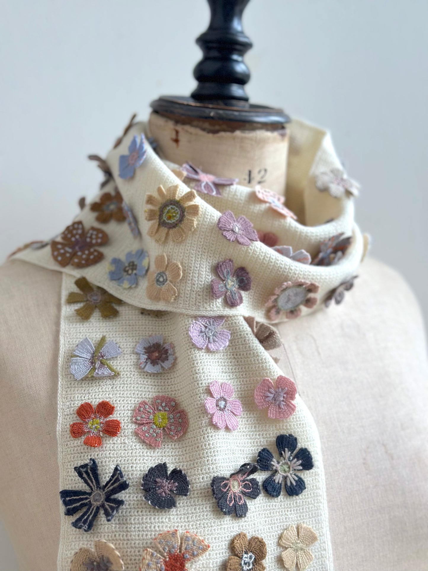 Sophie Digard Cream Summer Fleurs Crochet Wool Scarf