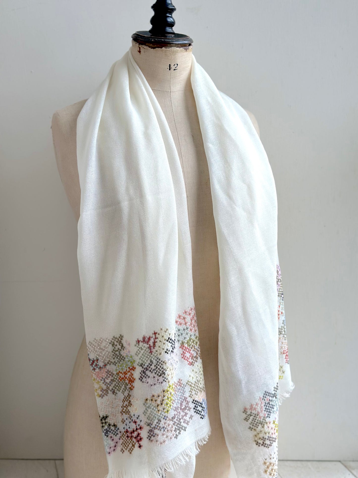 Sophie Digard Light Wool Scarf With Flowerbed Cross Stitch