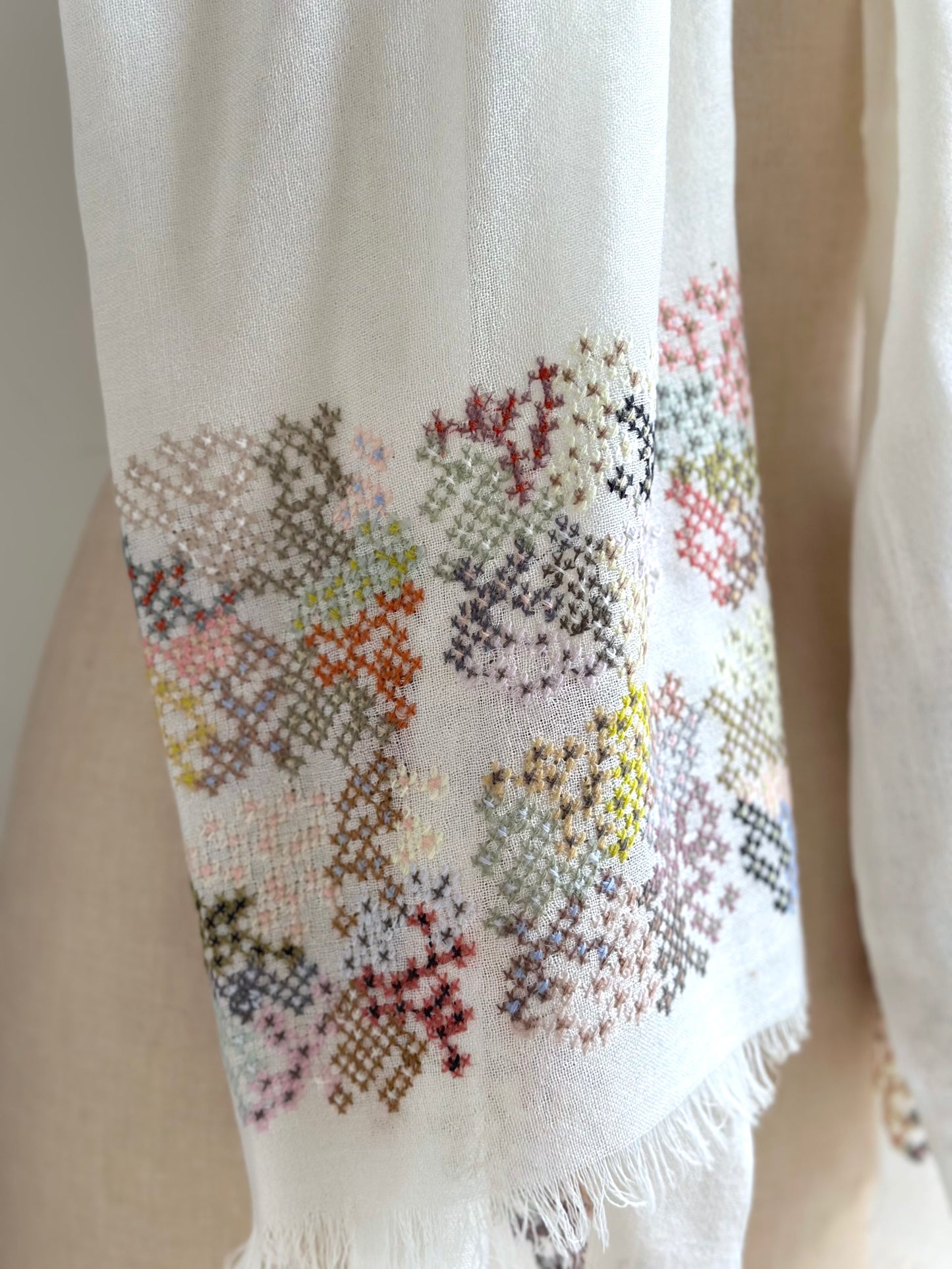 Sophie Digard Light Wool Scarf With Flowerbed Cross Stitch