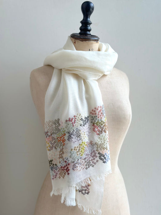 Sophie Digard Light Wool Scarf With Flowerbed Cross Stitch