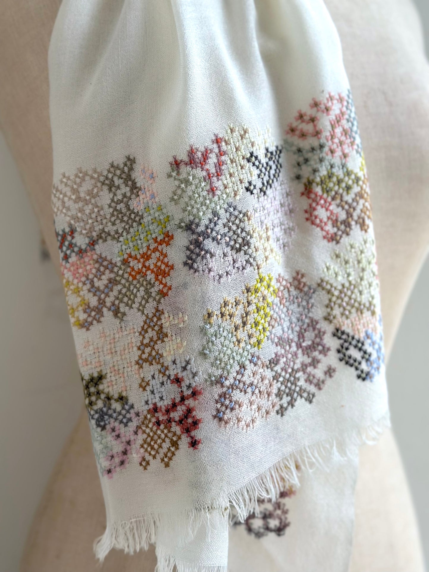 Sophie Digard Light Wool Scarf With Flowerbed Cross Stitch