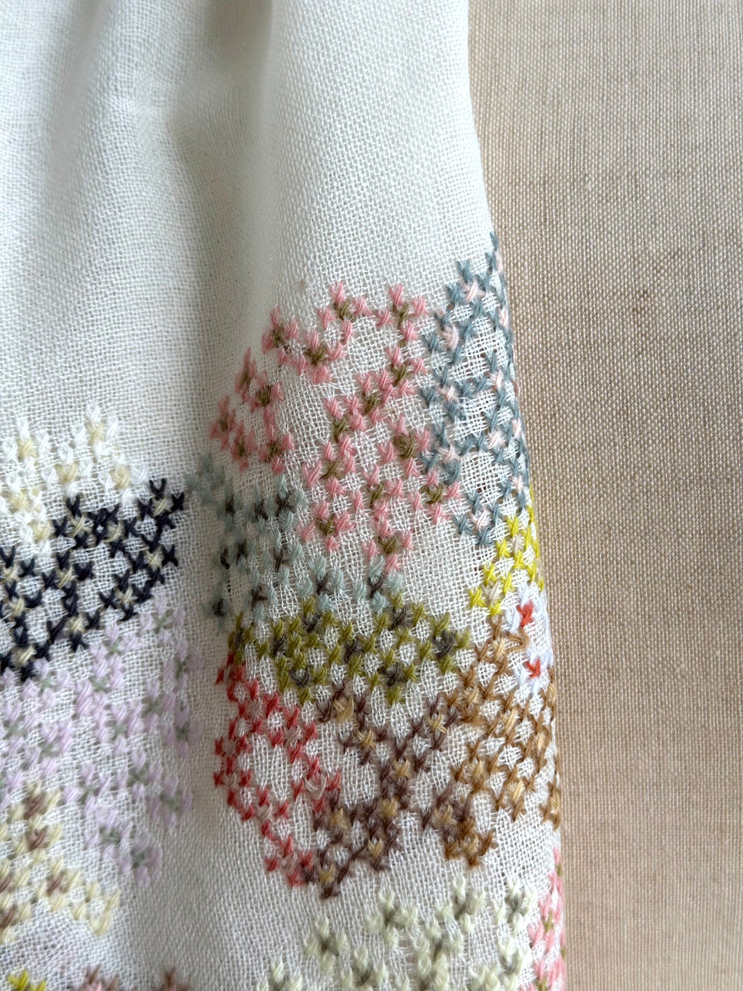 Sophie Digard Light Wool Scarf With Flowerbed Cross Stitch