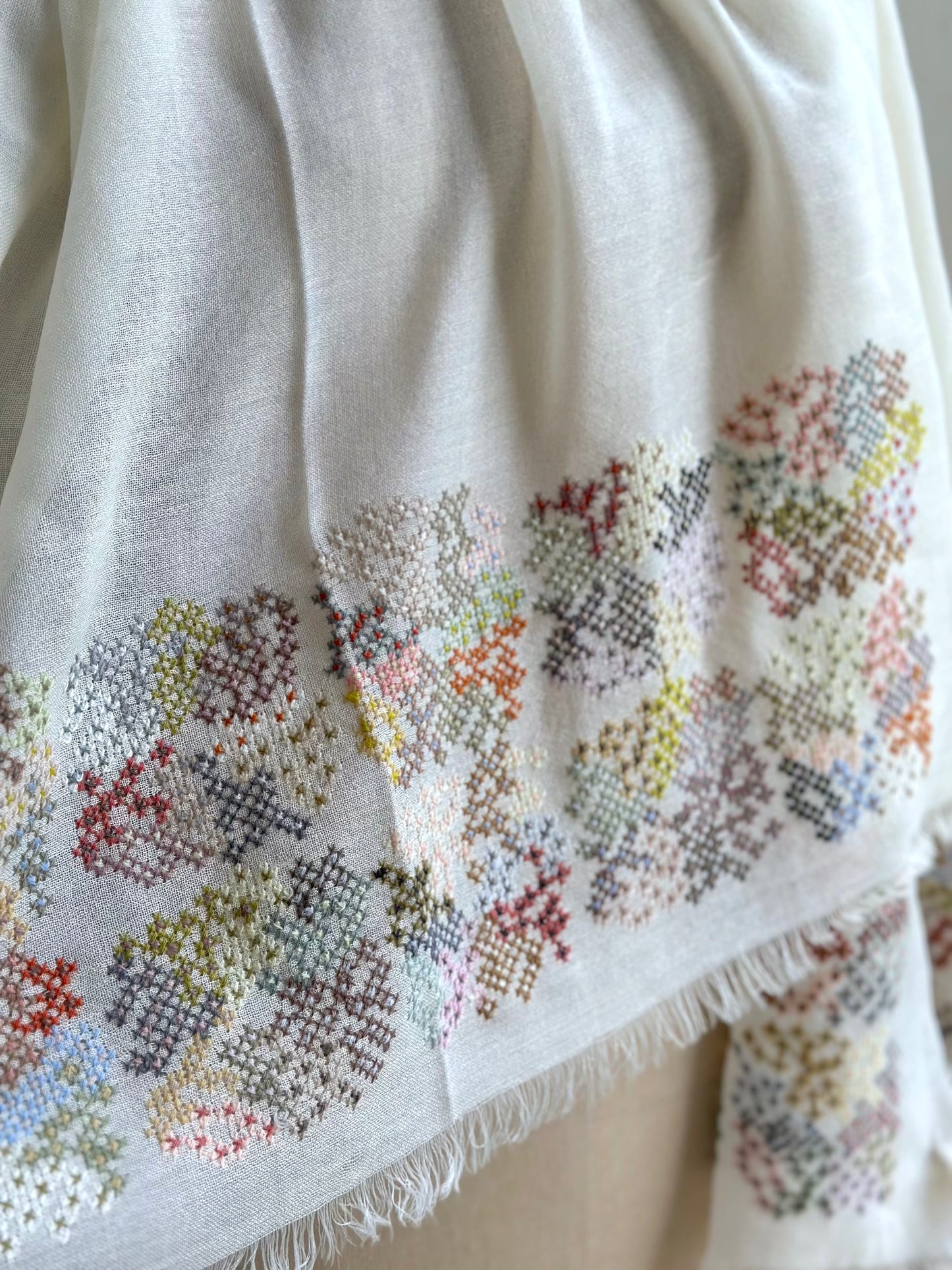 Sophie Digard Light Wool Scarf With Flowerbed Cross Stitch