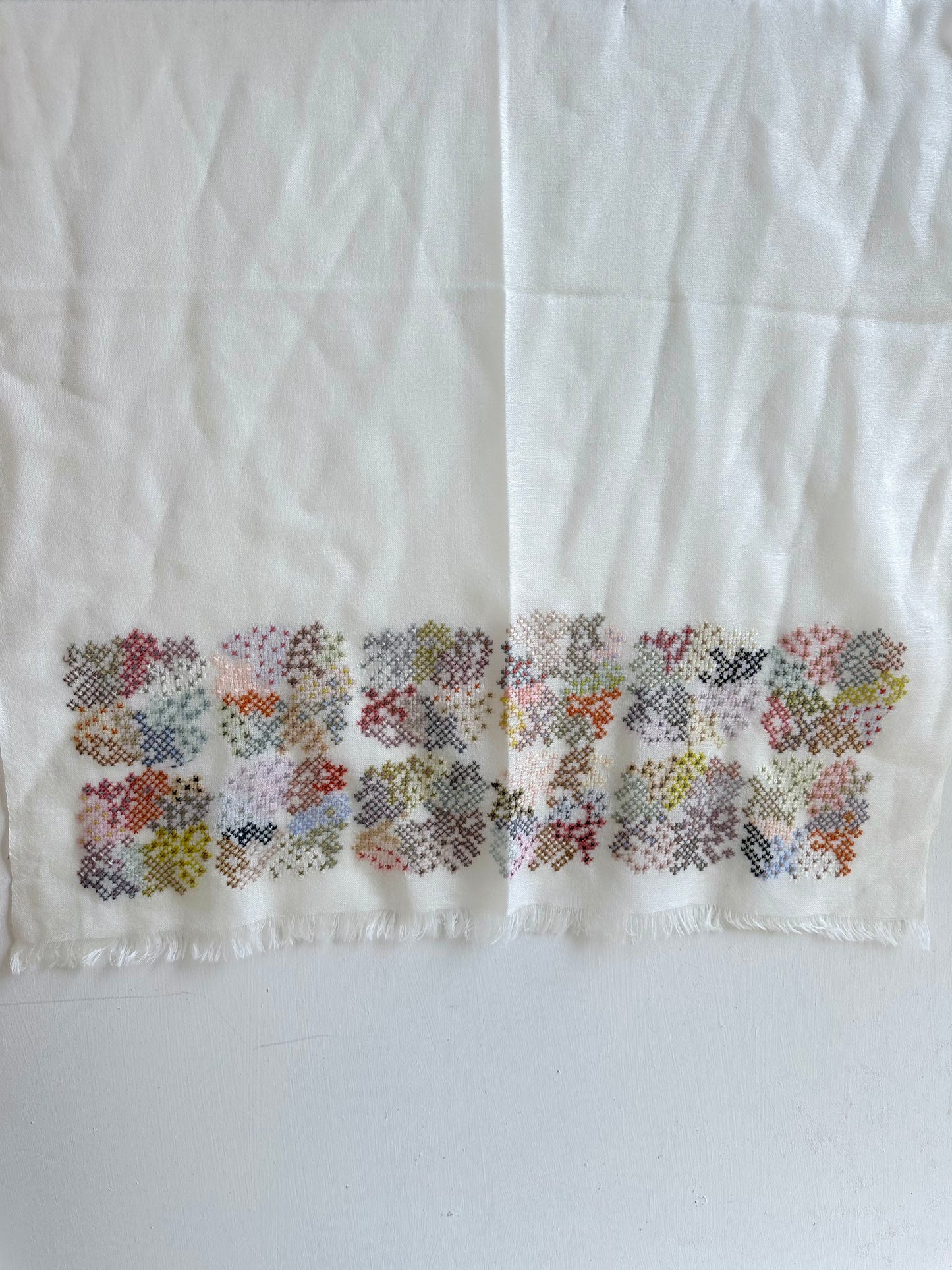 Sophie Digard Light Wool Scarf With Flowerbed Cross Stitch
