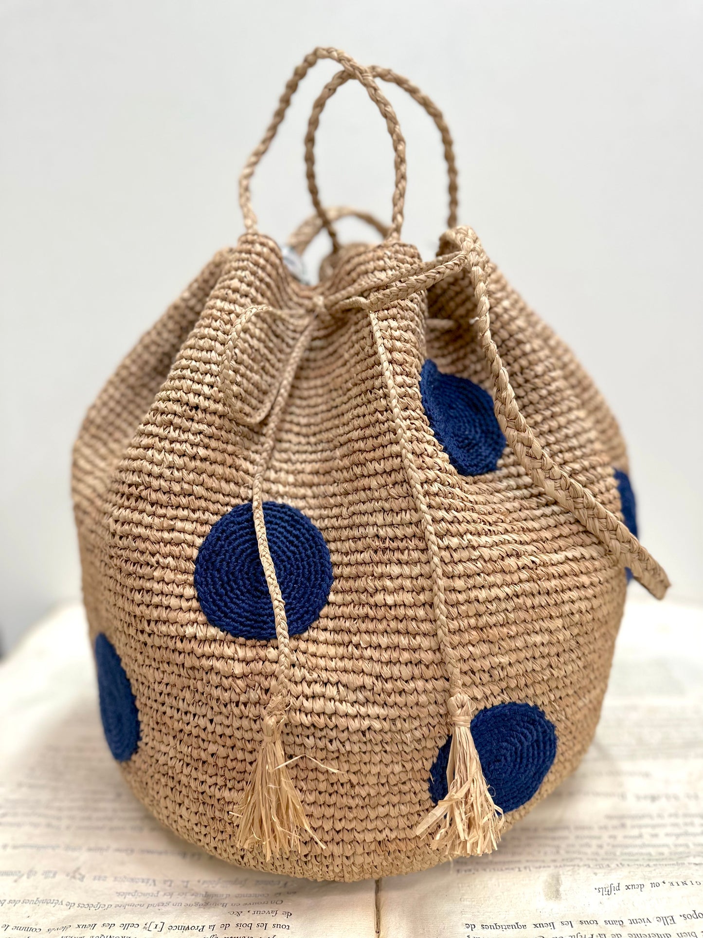 Large Raffia Bag With Large Navy Spots And Shoulder Strap