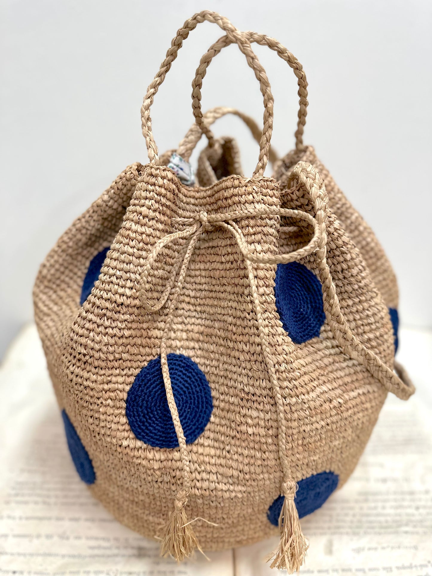Large Raffia Bag With Large Navy Spots And Shoulder Strap