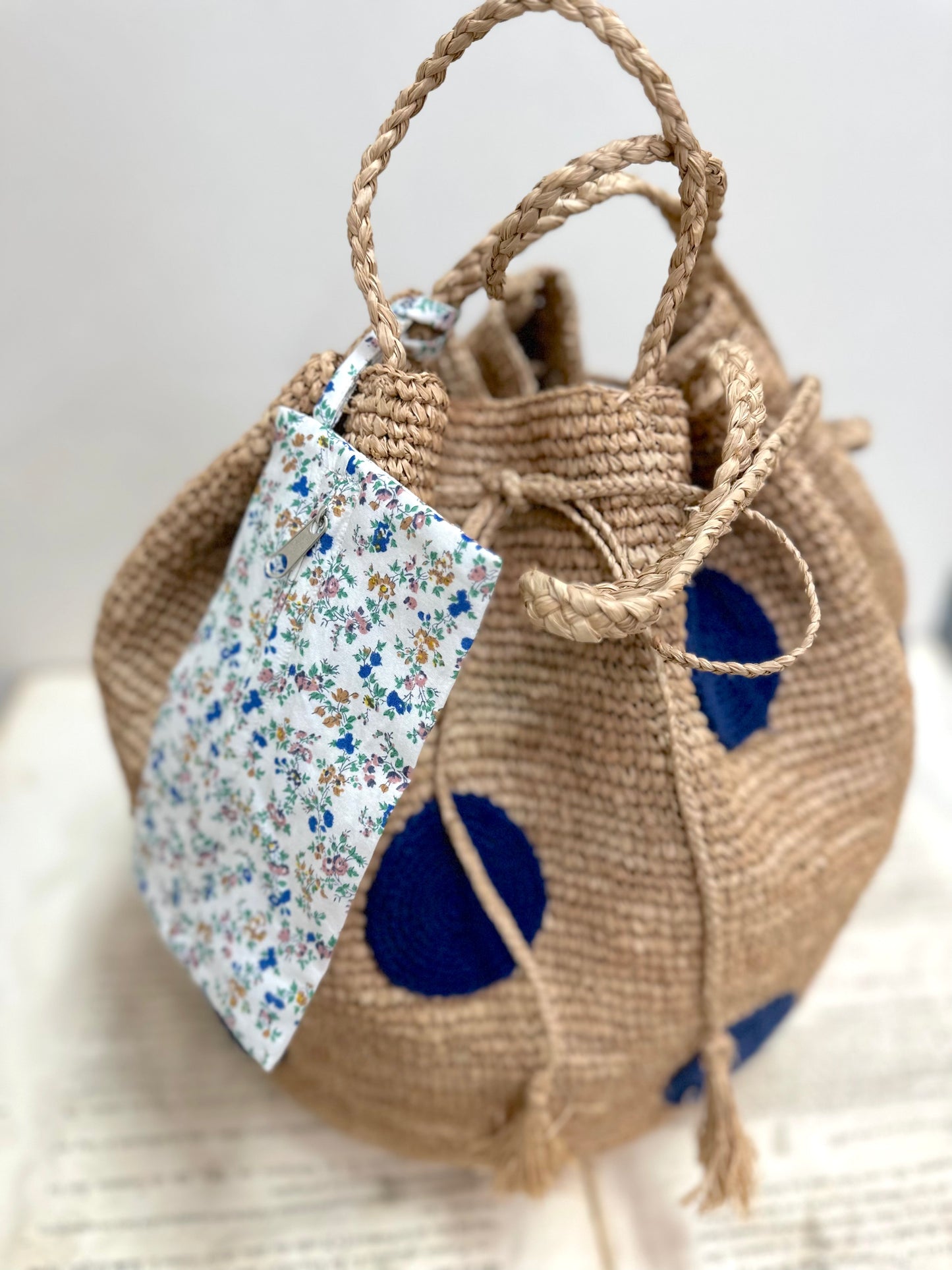Large Raffia Bag With Large Navy Spots And Shoulder Strap