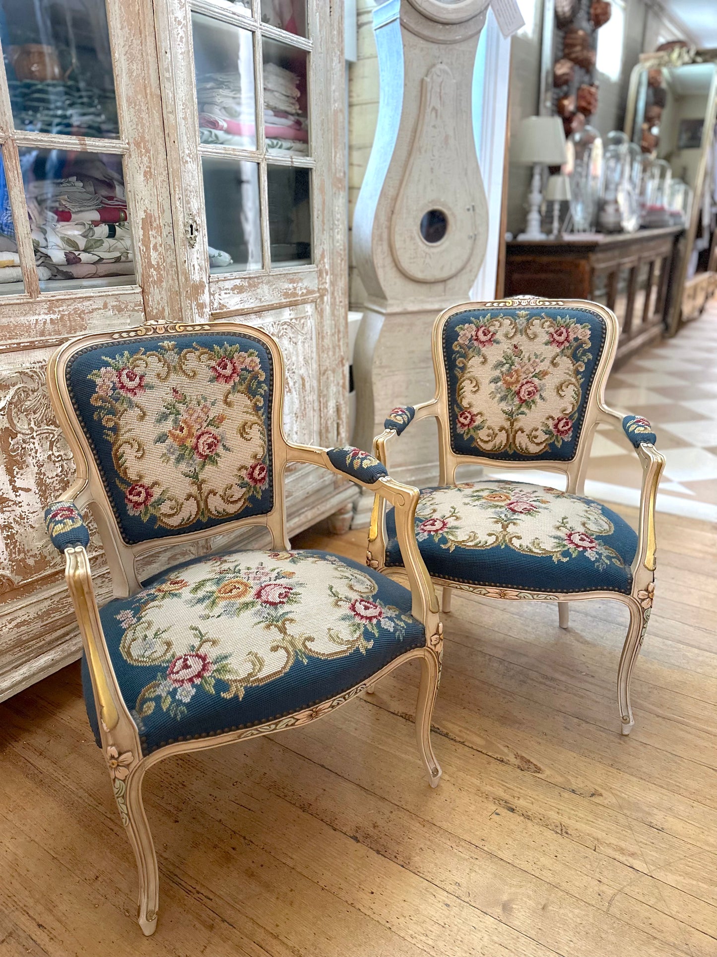 Pair of Antique French Chairs With Floral Needlepoint Upholstery