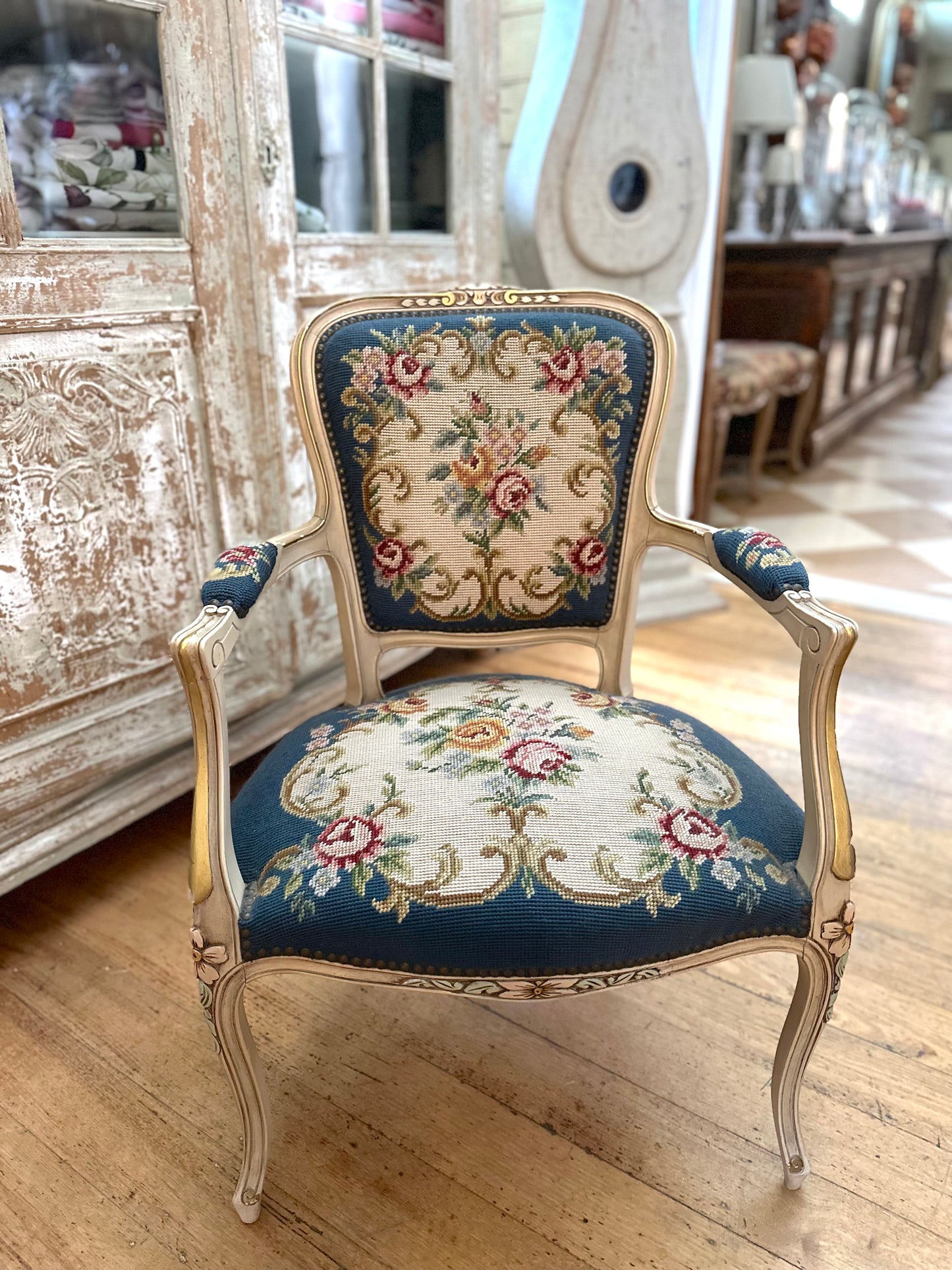 Pair of Antique French Chairs With Floral Needlepoint Upholstery