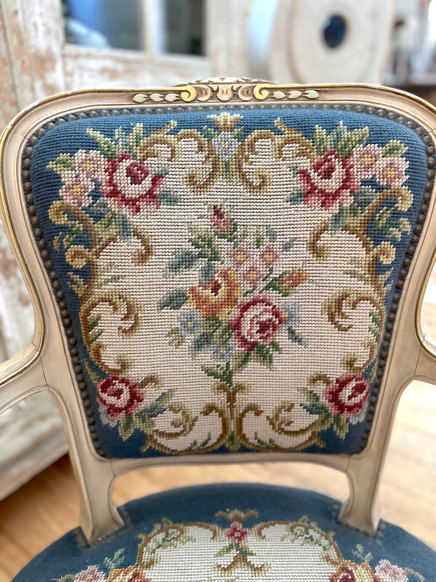 Pair of Antique French Chairs With Floral Needlepoint Upholstery