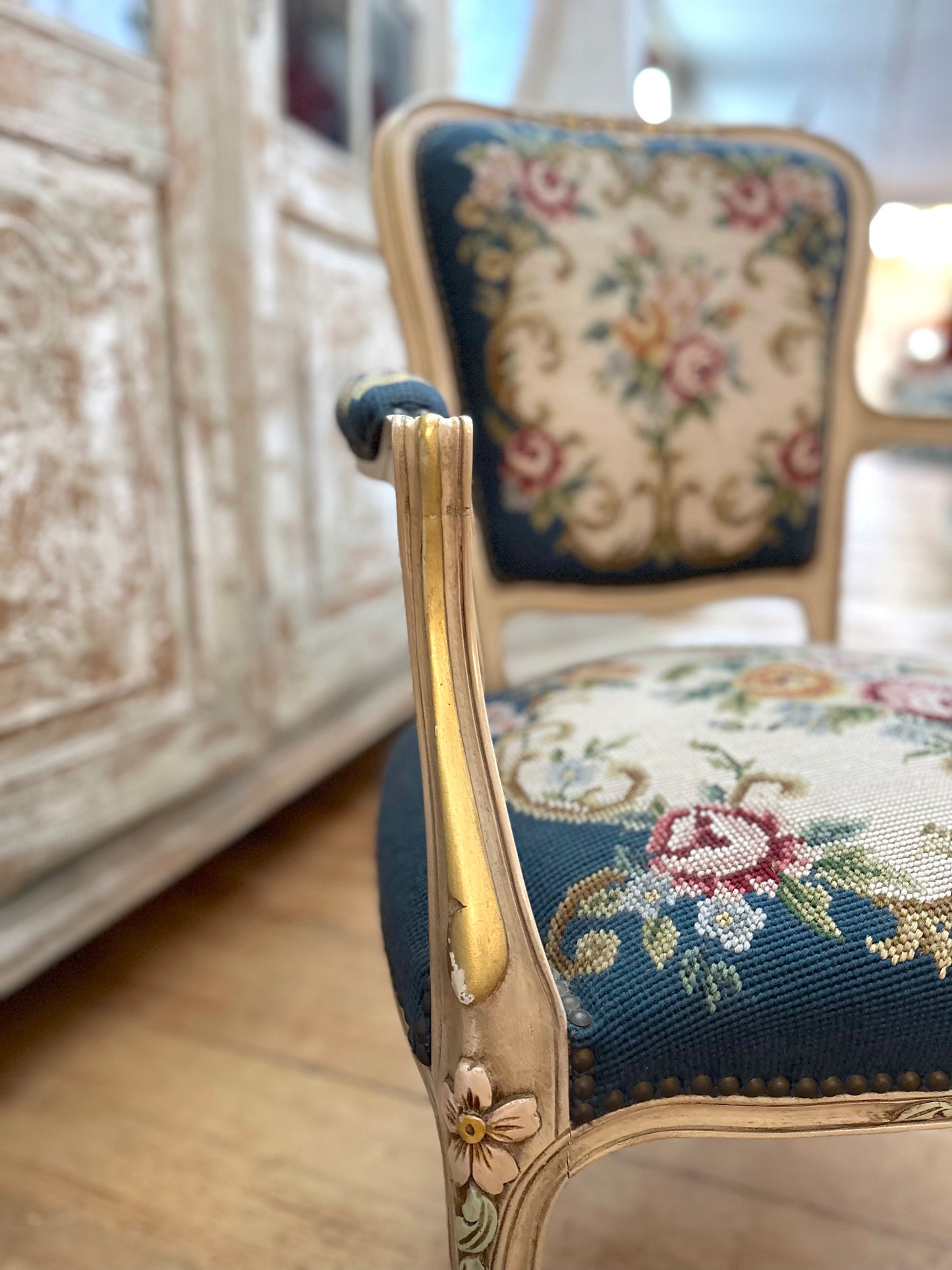 Pair of Antique French Chairs With Floral Needlepoint Upholstery
