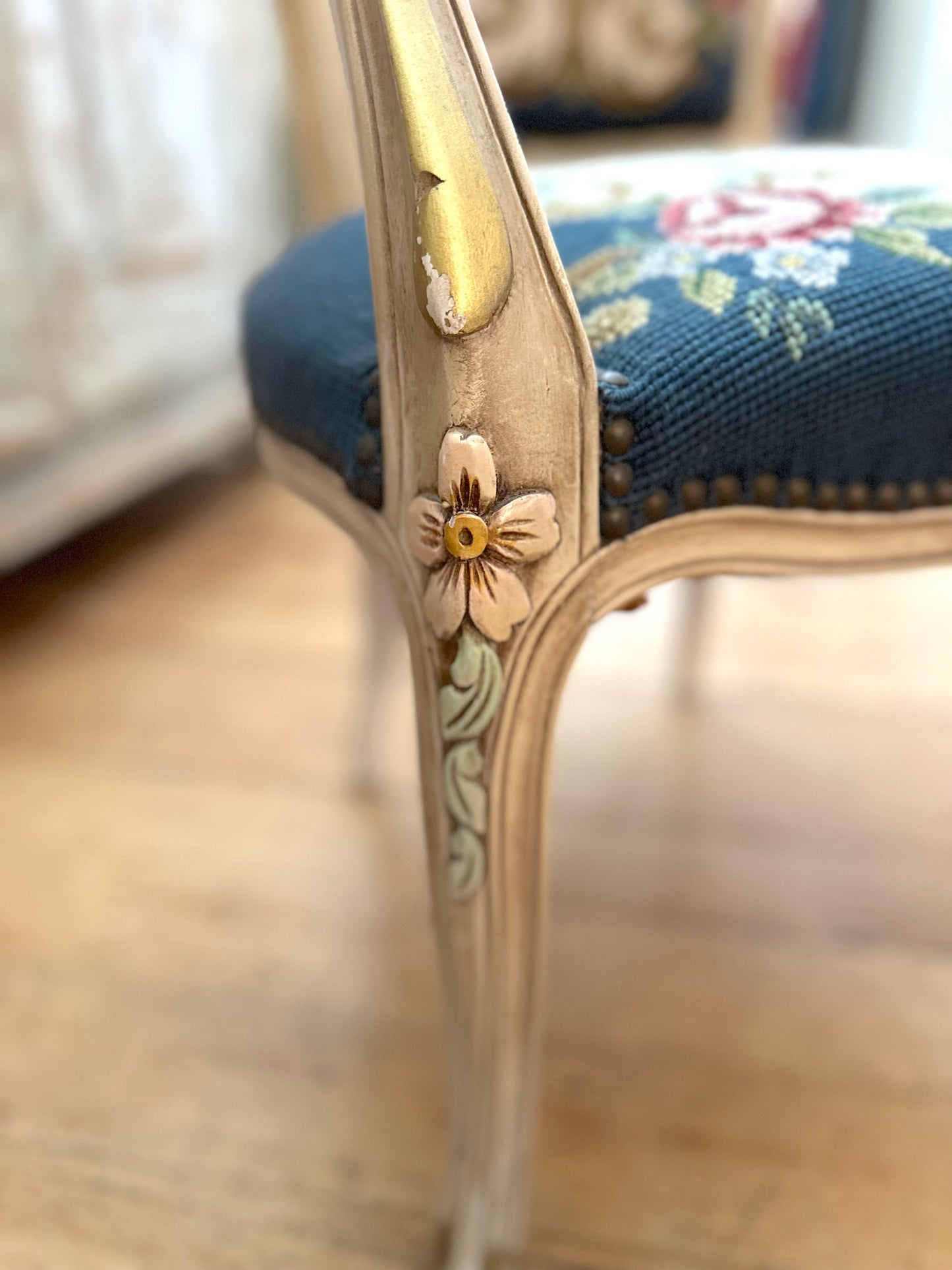 Pair of Antique French Chairs With Floral Needlepoint Upholstery