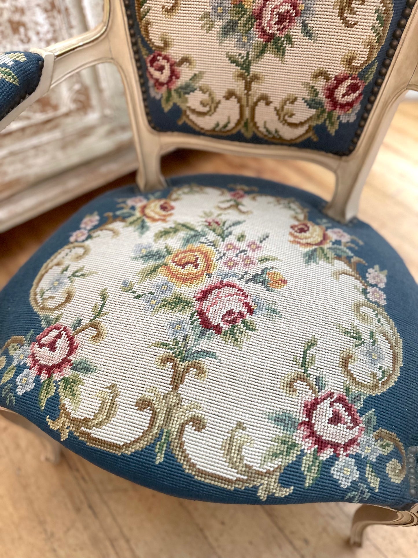 Pair of Antique French Chairs With Floral Needlepoint Upholstery
