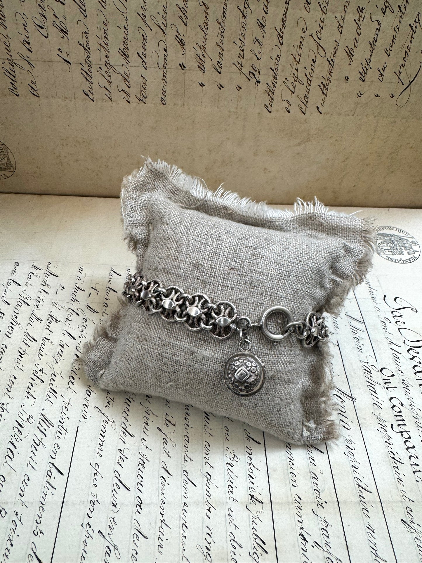 Antique French Silver Bracelet with Ball Fob