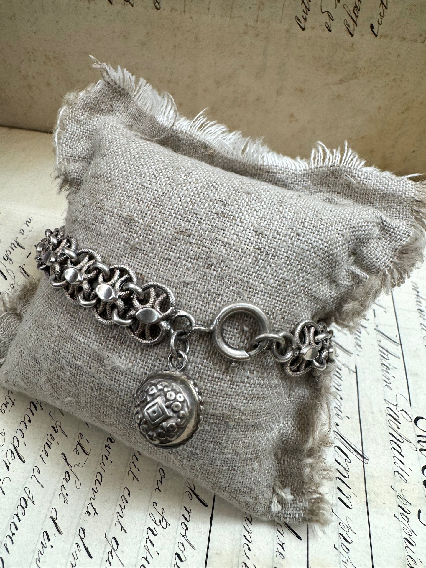Antique French Silver Bracelet with Ball Fob
