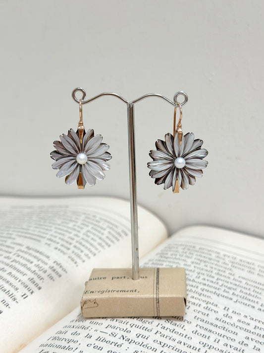 Italian Large Grey Mother of Pearl Daisy Earrings