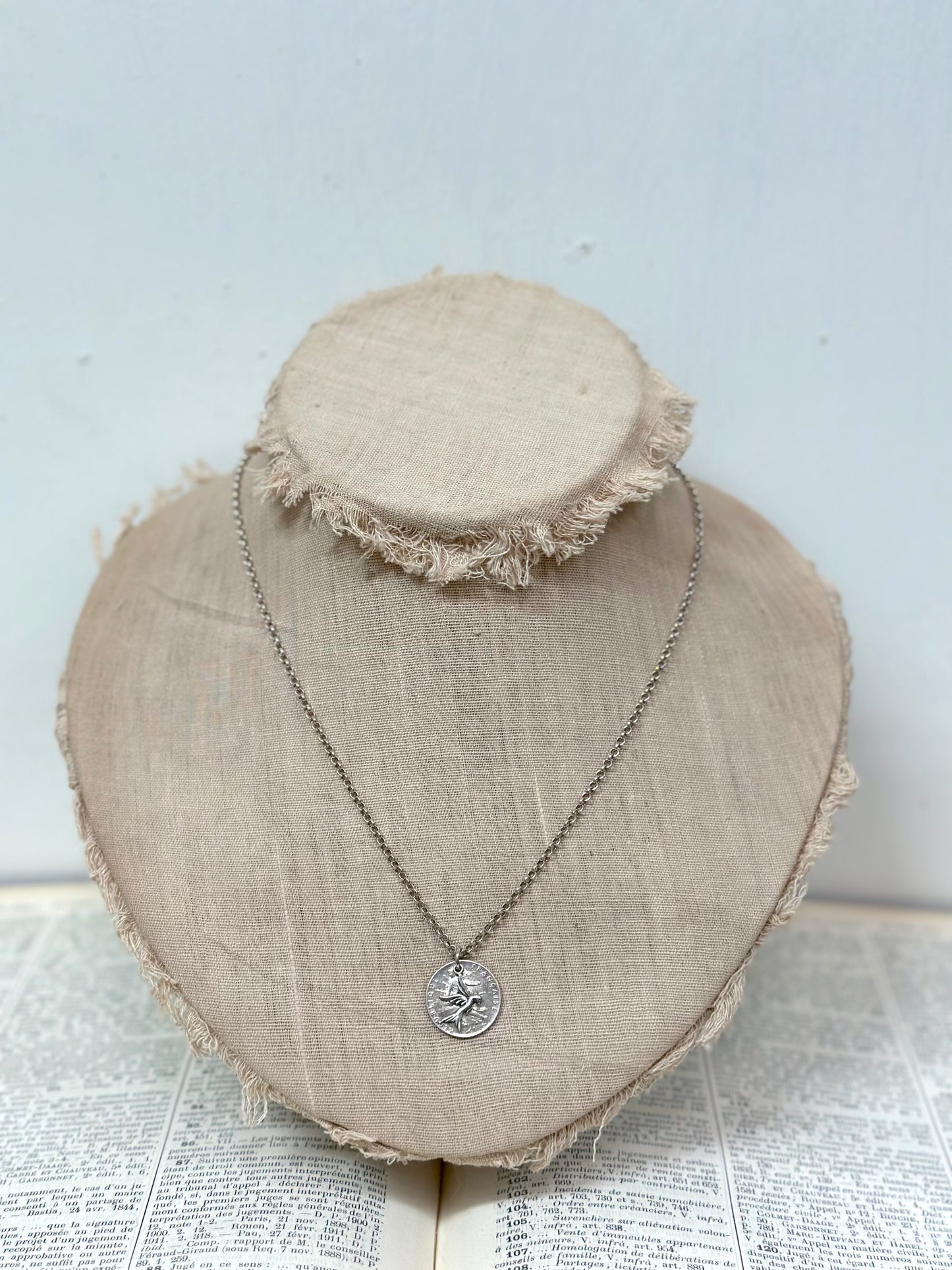 Antique French Silver Coin Necklace With Dove Charm