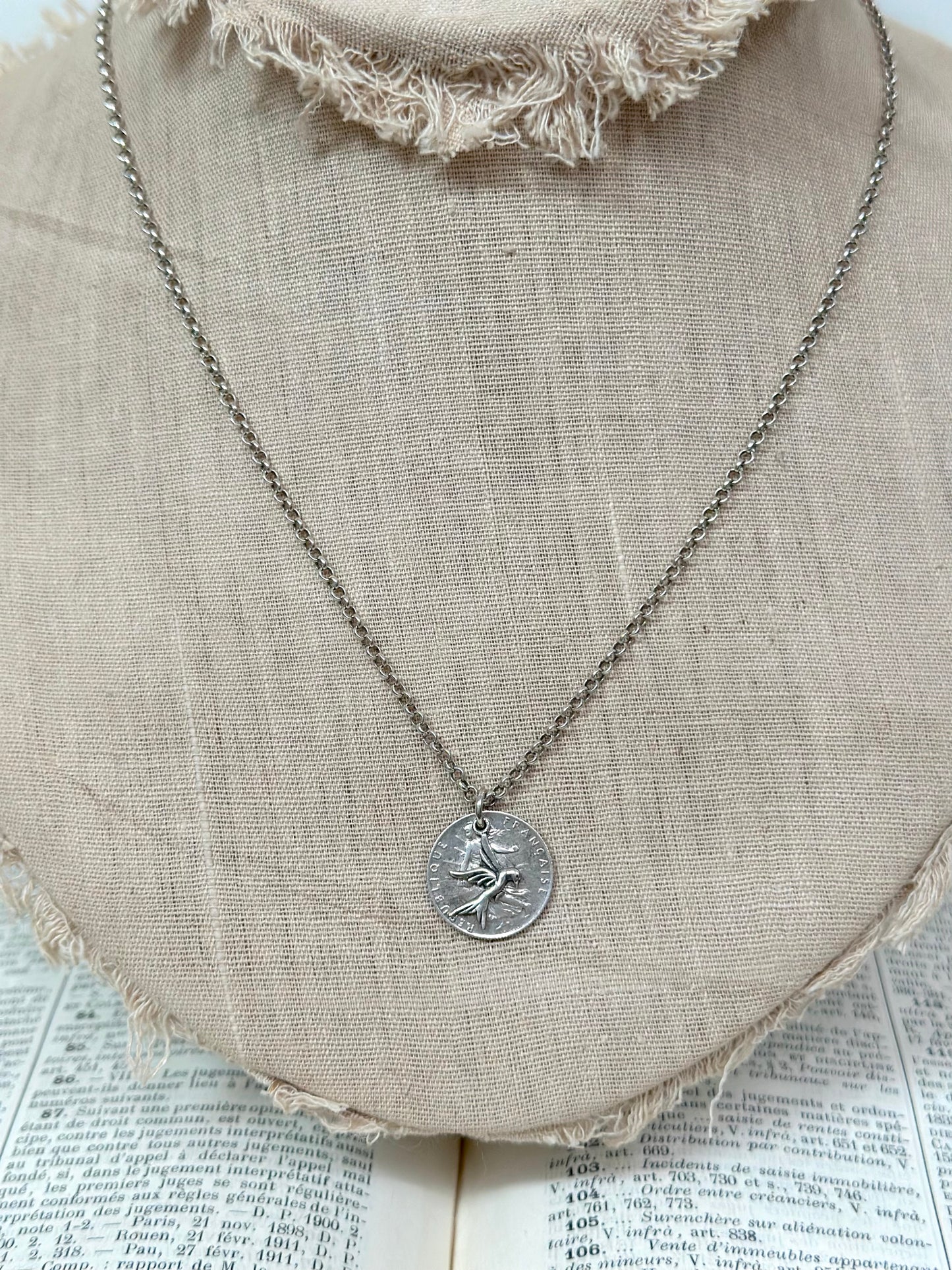 Antique French Silver Coin Necklace With Dove Charm