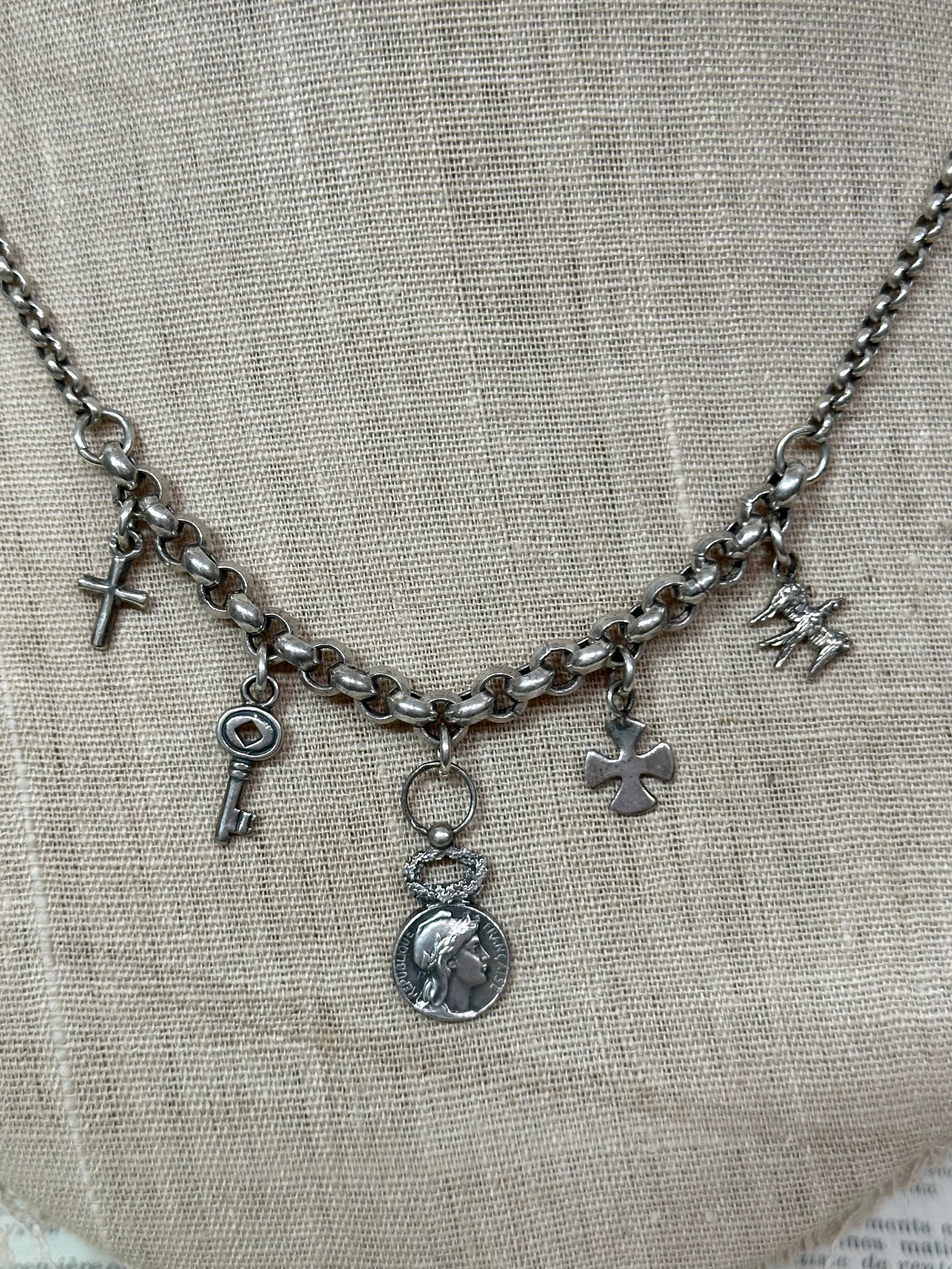 Antique French Silver 'Republic Francaise' Charm Necklace