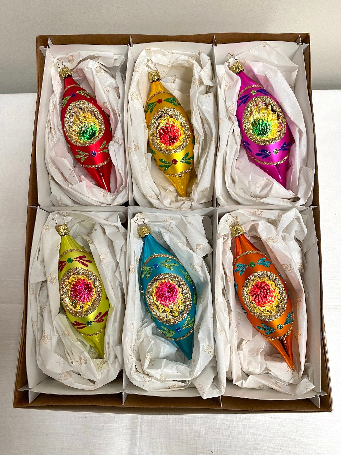 German Glass Christmas Ornament Set - Large Long Shiny Brite