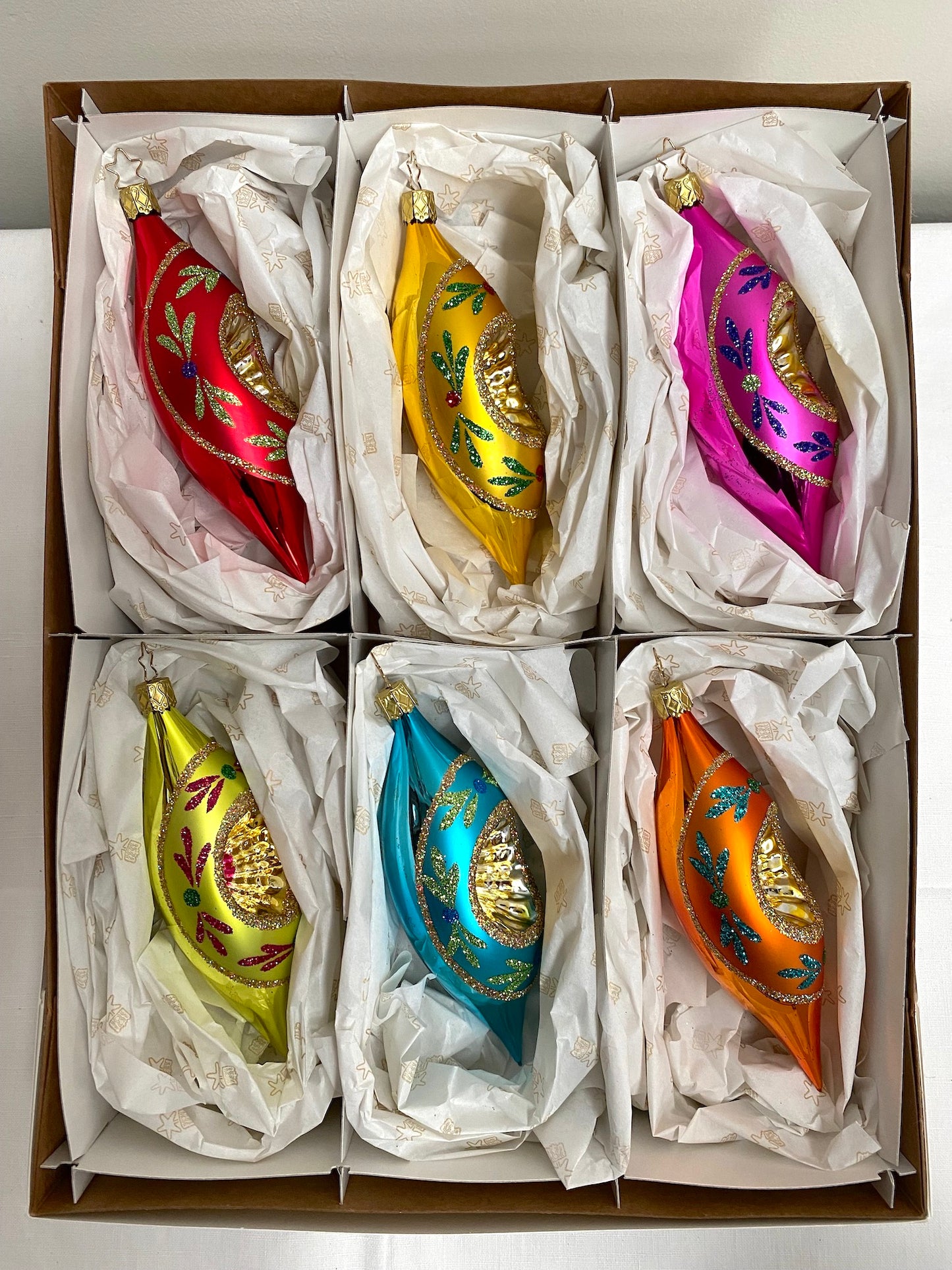 German Glass Christmas Ornament Set - Large Long Shiny Brite