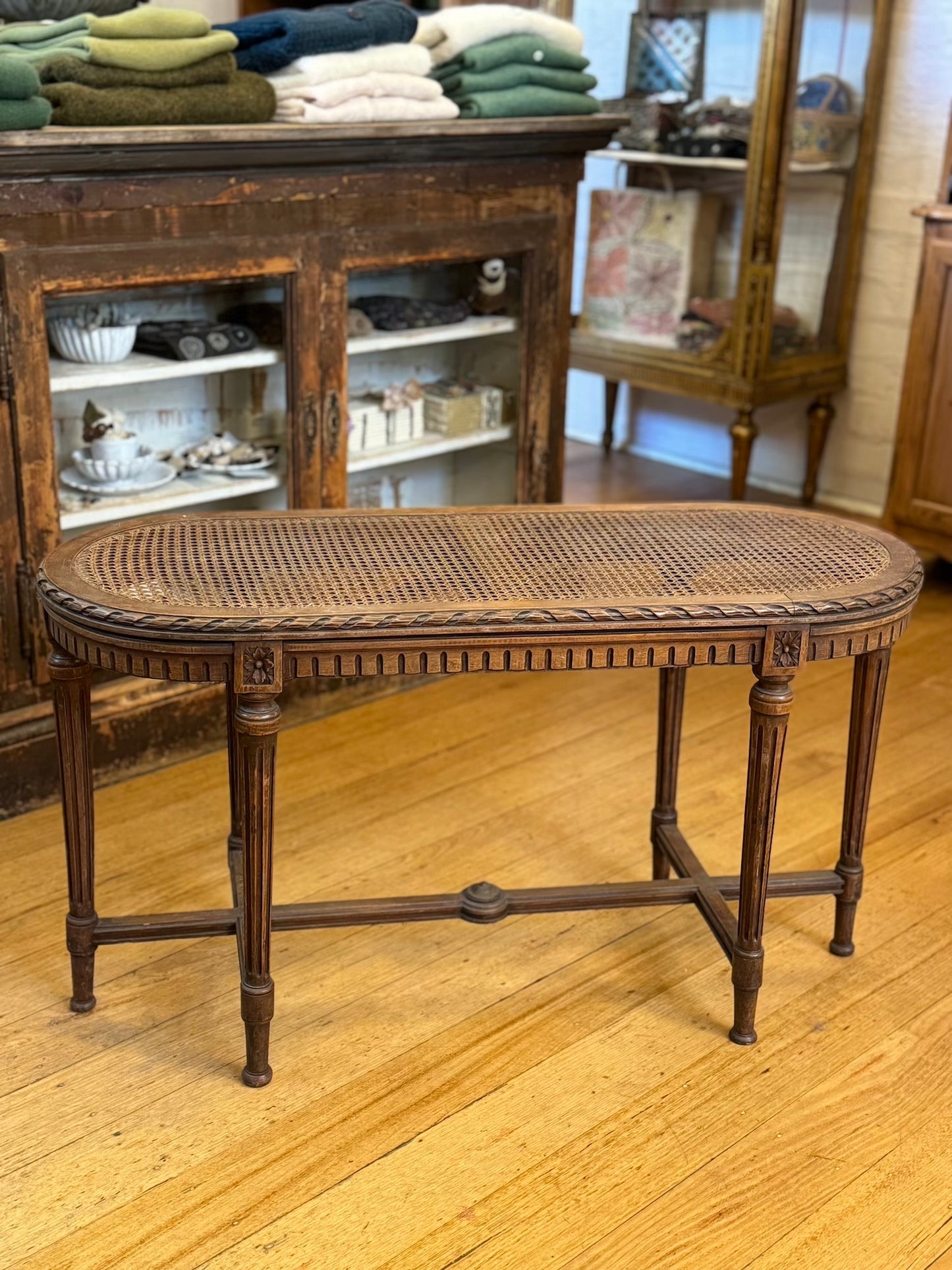 Antique French Walnut Banquette With Rattan Seat