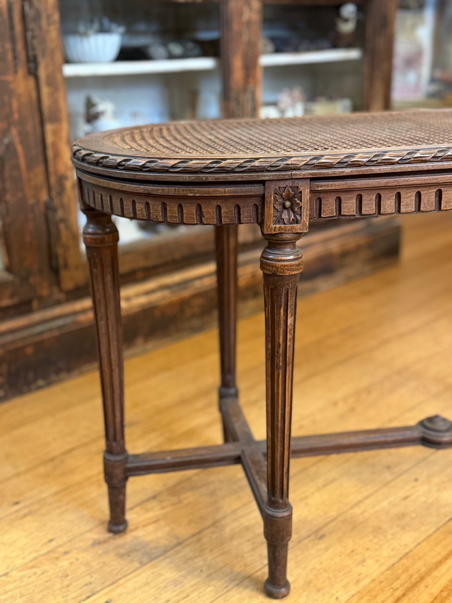 Antique French Walnut Banquette With Rattan Seat