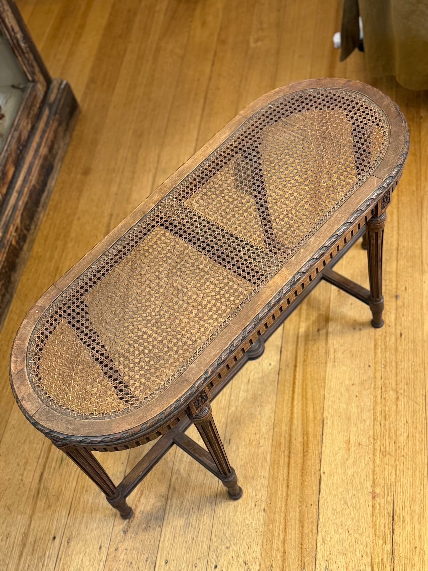 Antique French Walnut Banquette With Rattan Seat