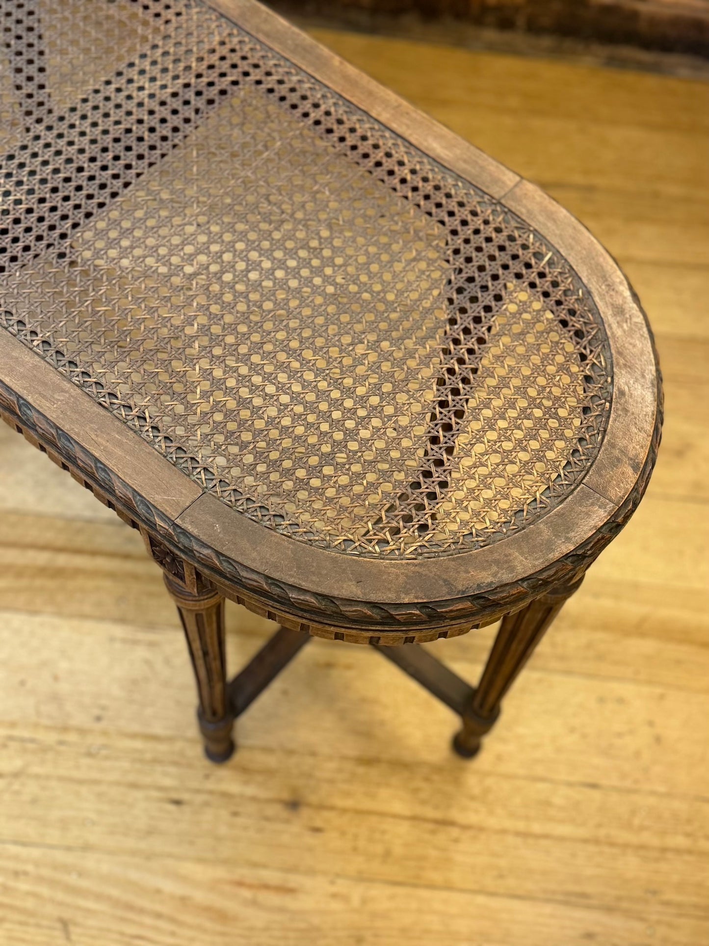 Antique French Walnut Banquette With Rattan Seat