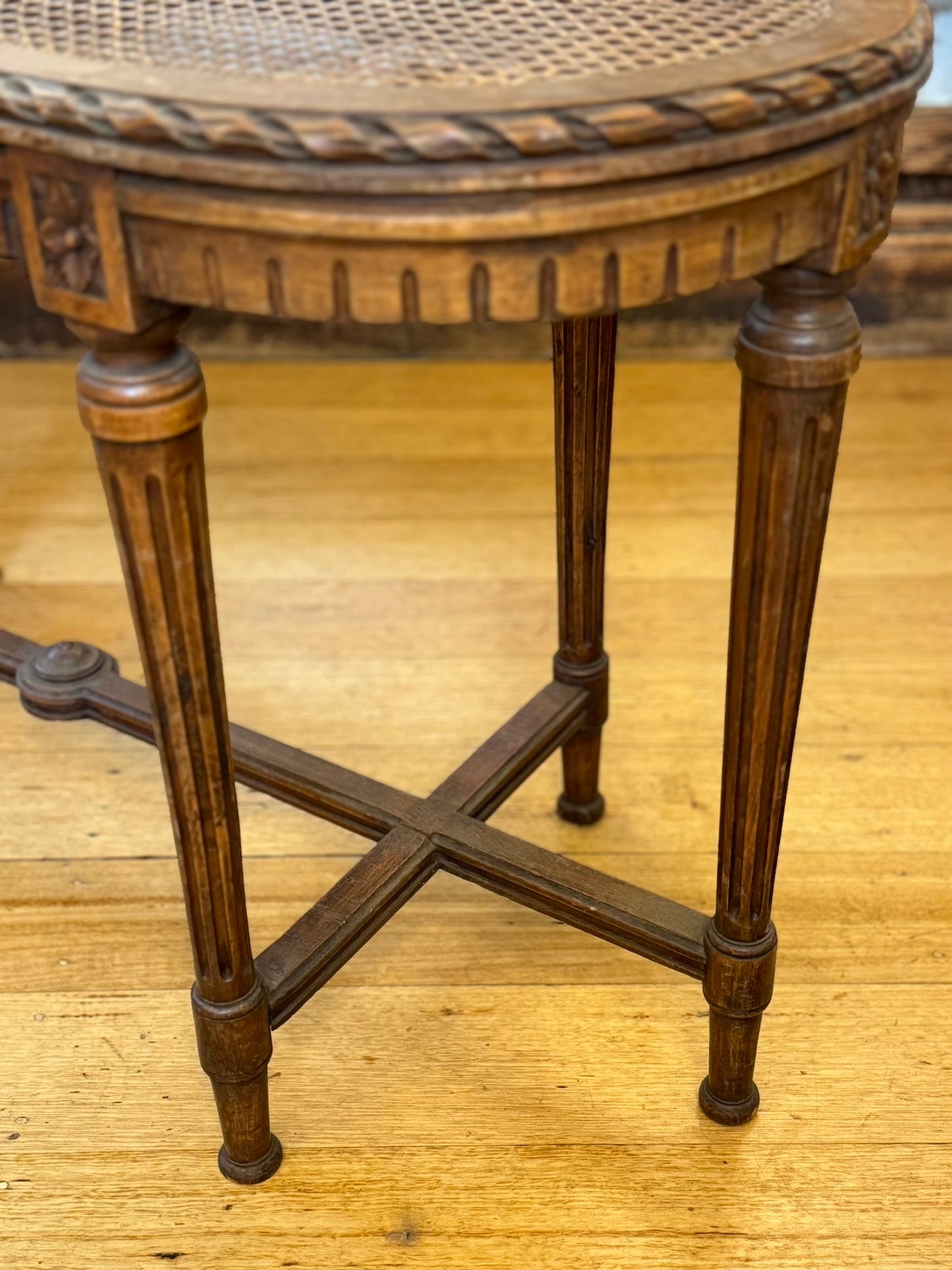 Antique French Walnut Banquette With Rattan Seat