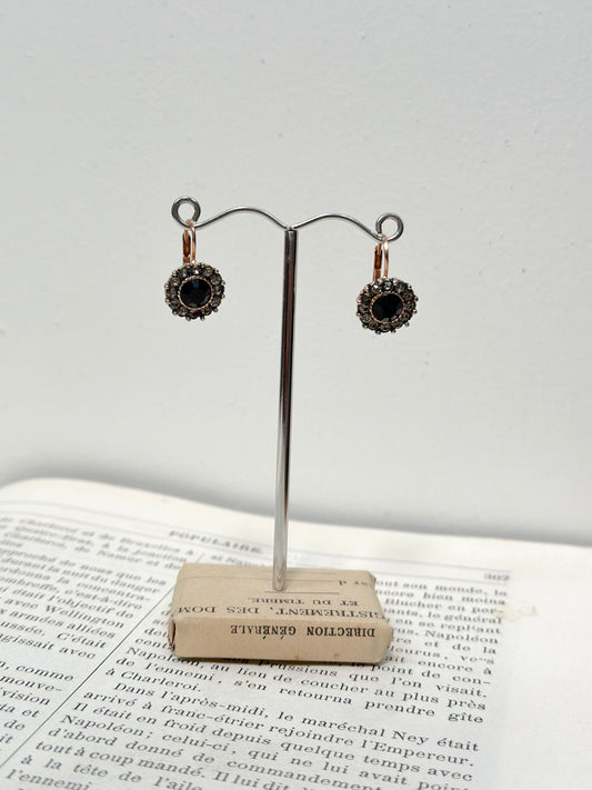 Italian Small Round Crystal Earrings With Onyx Centre