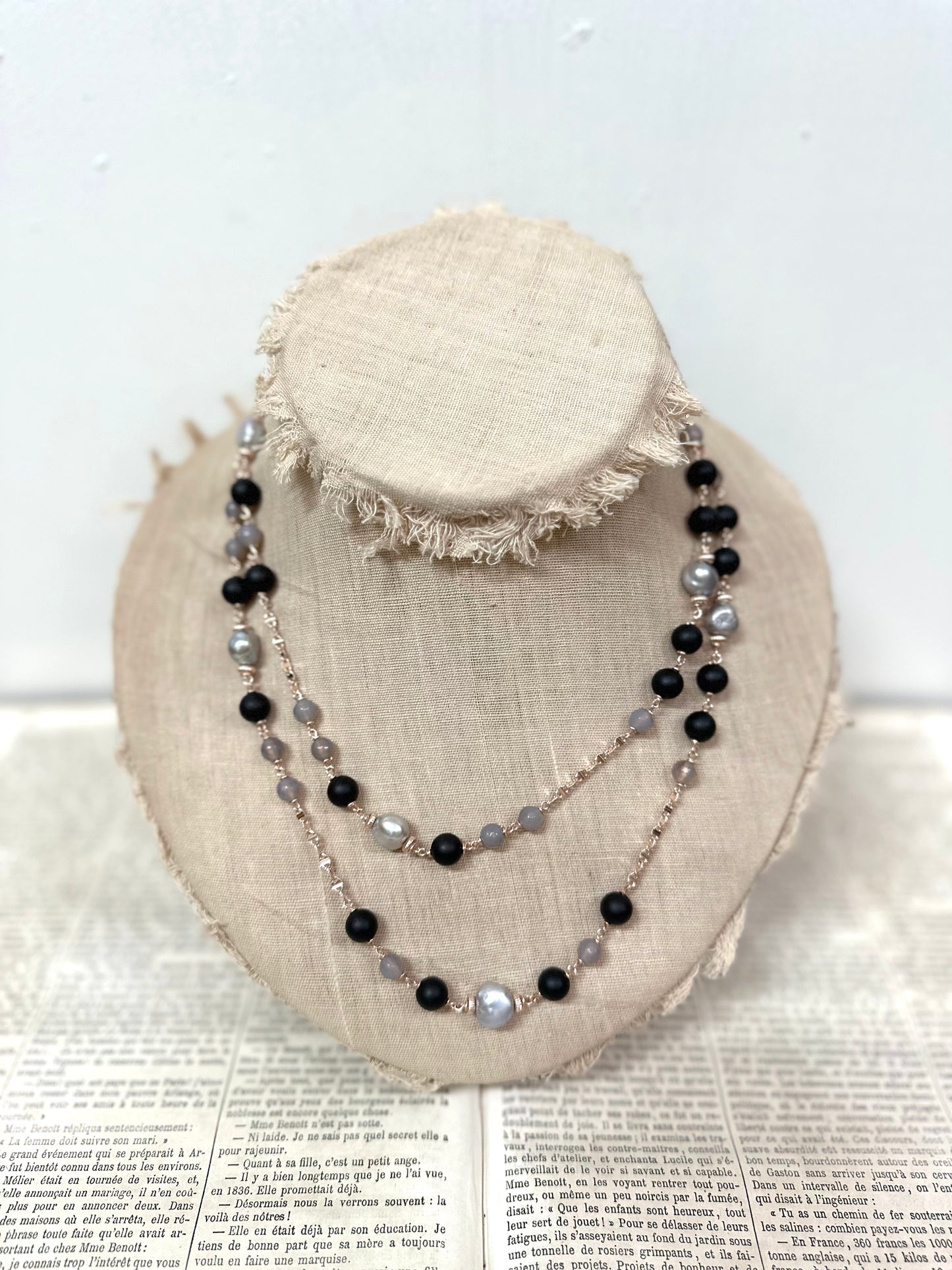 Italian Grey Pearl And Black Agate Long Necklace